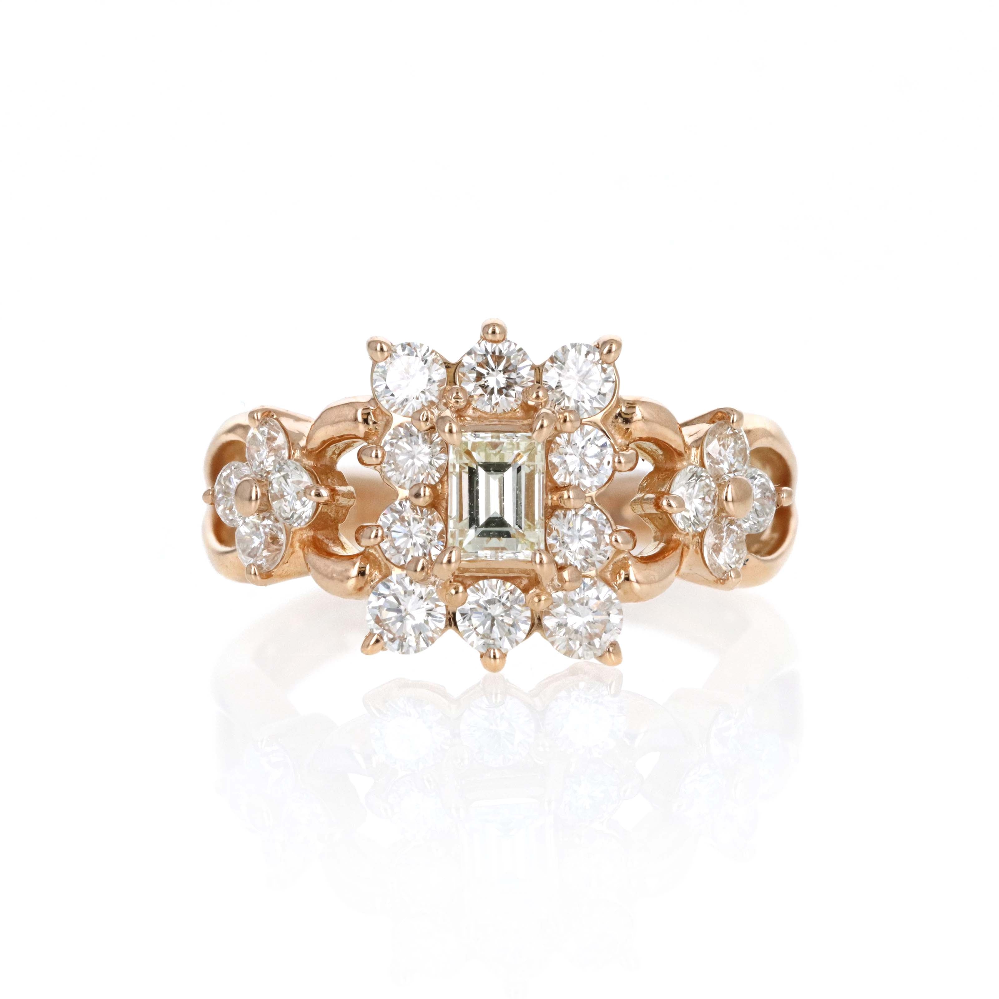 18K Rose Gold 0.25 Carat Emerald Cut Diamond Halo Cluster Ring - Queen May