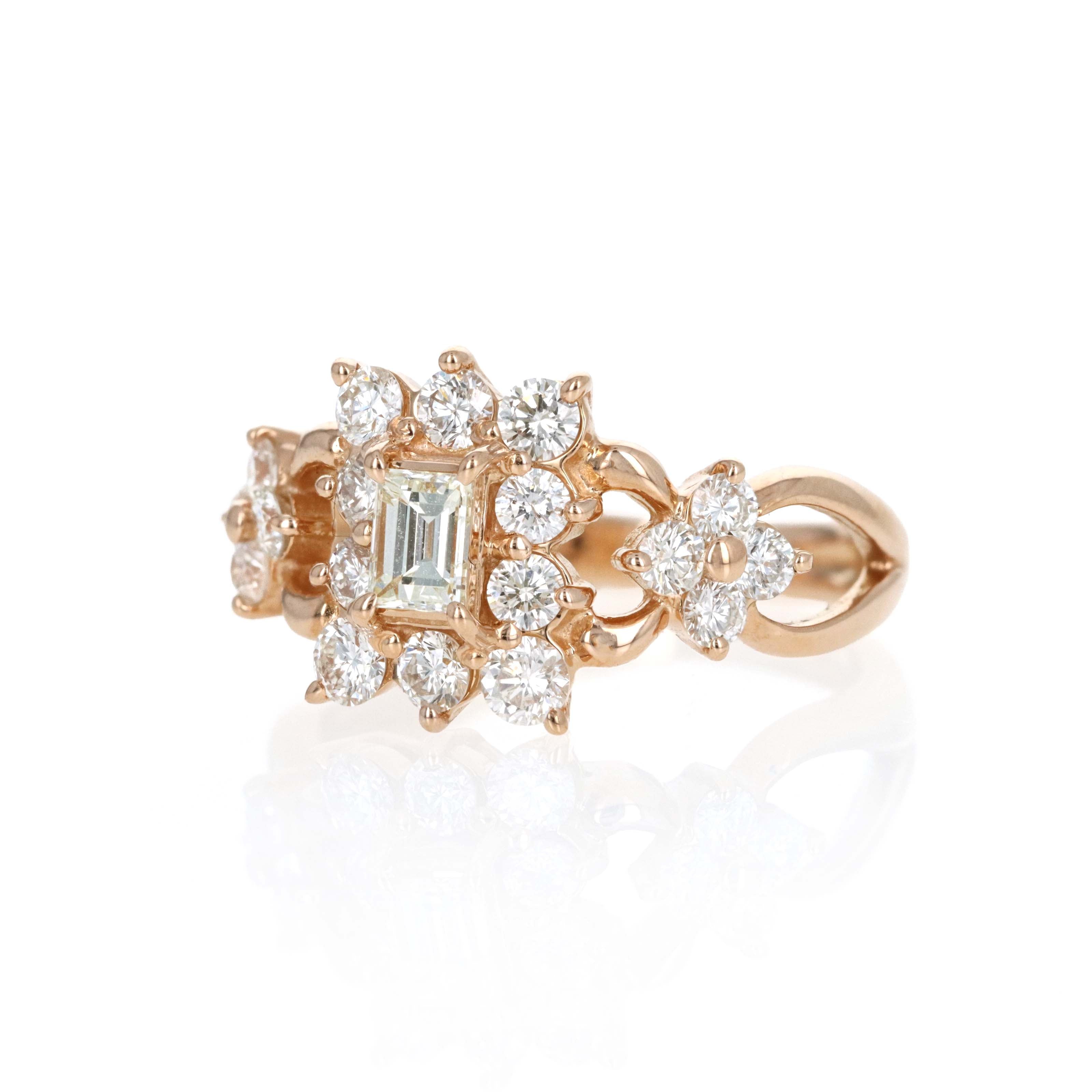 18K Rose Gold 0.25 Carat Emerald Cut Diamond Halo Cluster Ring - Queen May