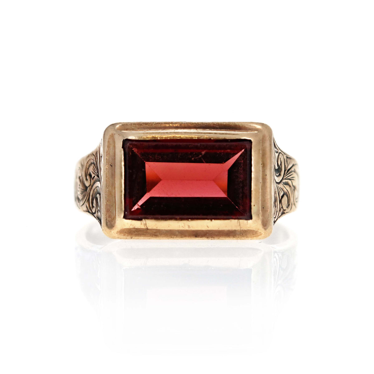 Victorian 10K Yellow Gold 2.25 Carat Rectangular Step Cut Garnet Ring - Queen May