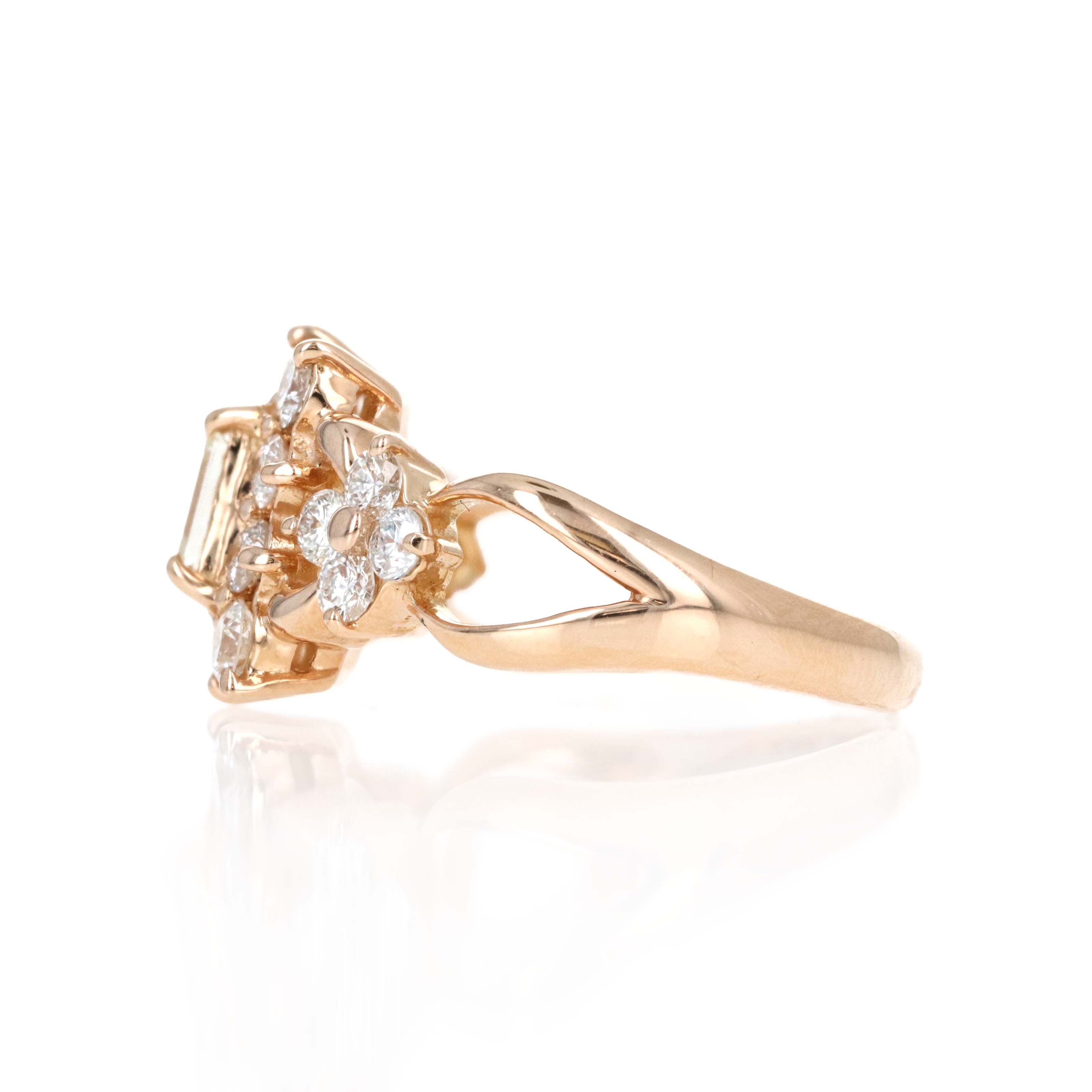 18K Rose Gold 0.25 Carat Emerald Cut Diamond Halo Cluster Ring - Queen May
