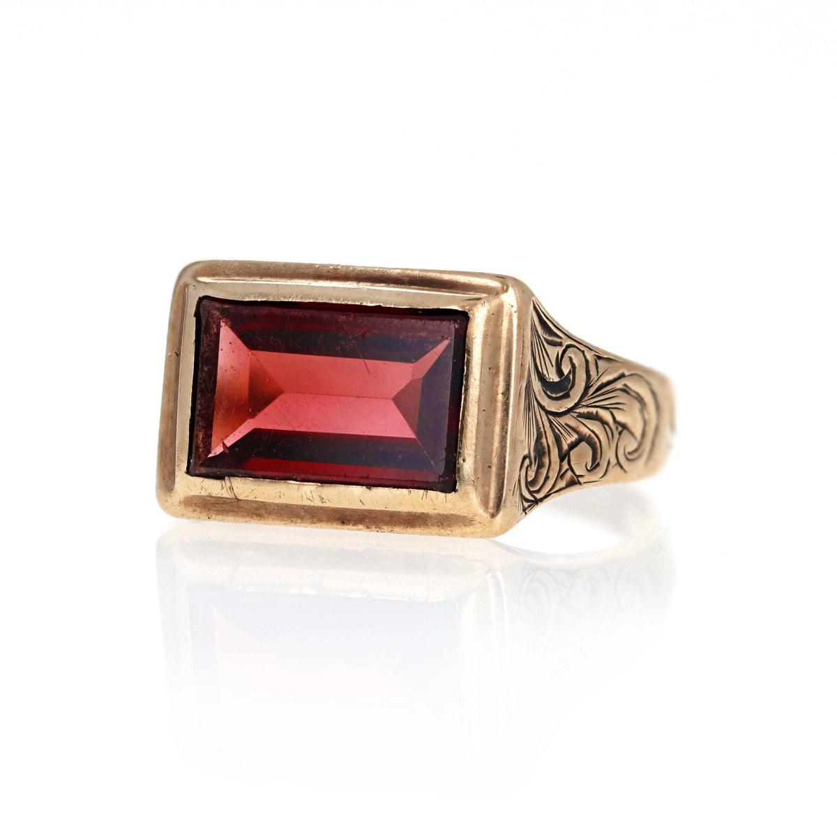 Victorian 10K Yellow Gold 2.25 Carat Rectangular Step Cut Garnet Ring - Queen May