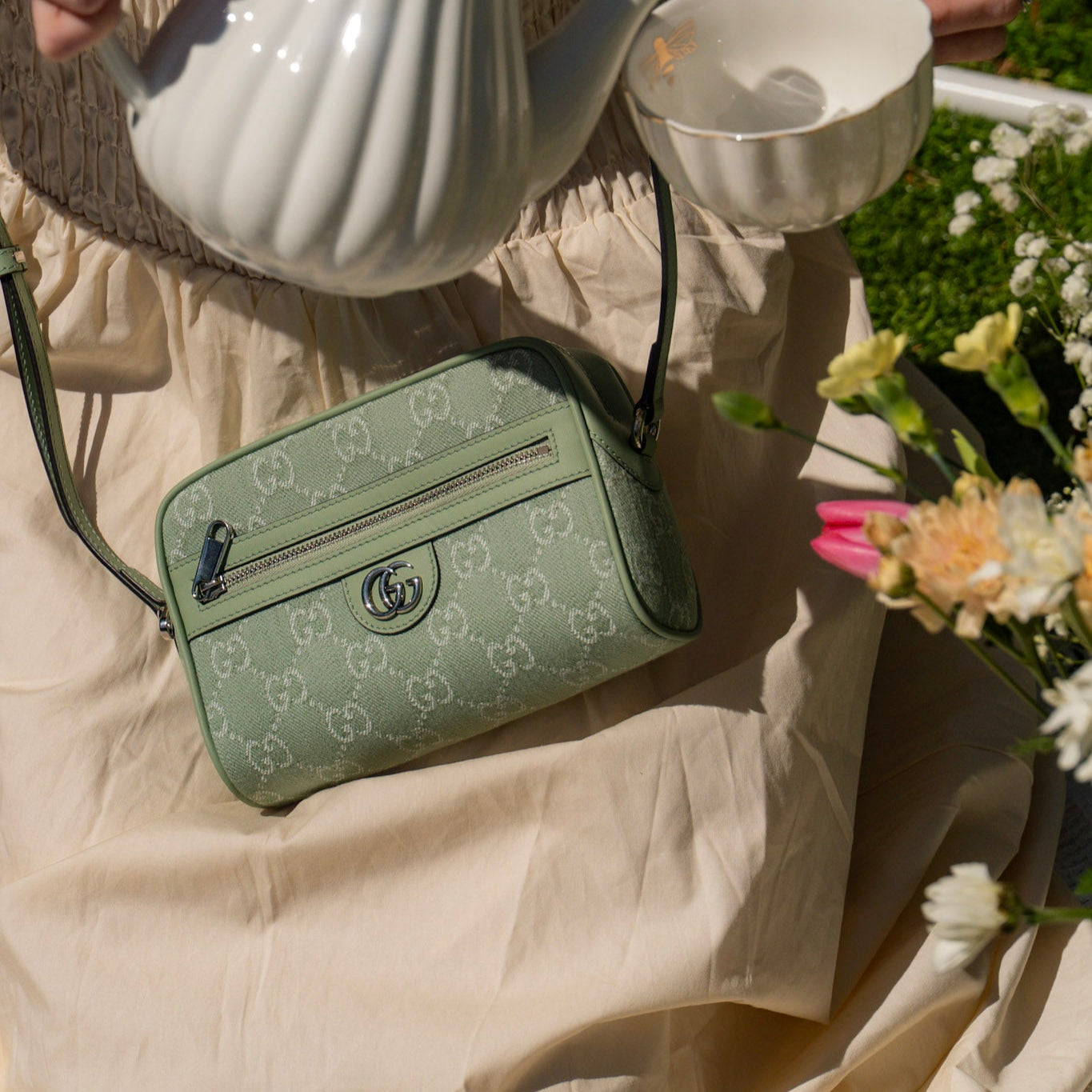 Gucci Ophidia Mini Bag in Pale Green Denim - Queen May