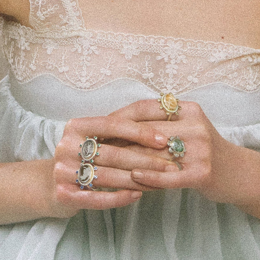 Renna Feather Caspian Ring - Mother-of Pearl, Diamond and Sapphire - Queen May