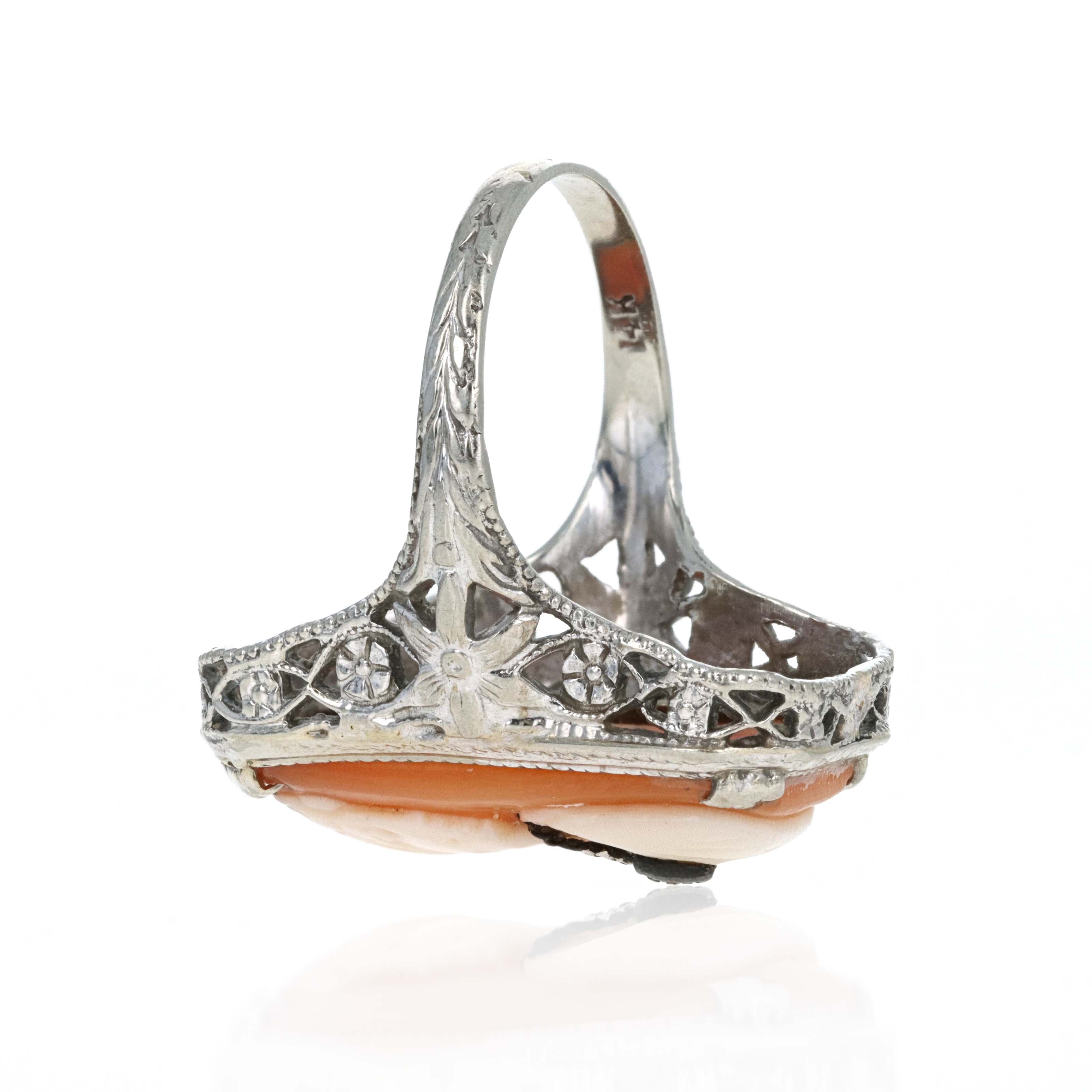 Art Deco 14K White Gold 0.015 Carat Diamond Cameo Engraved Filigree Ring