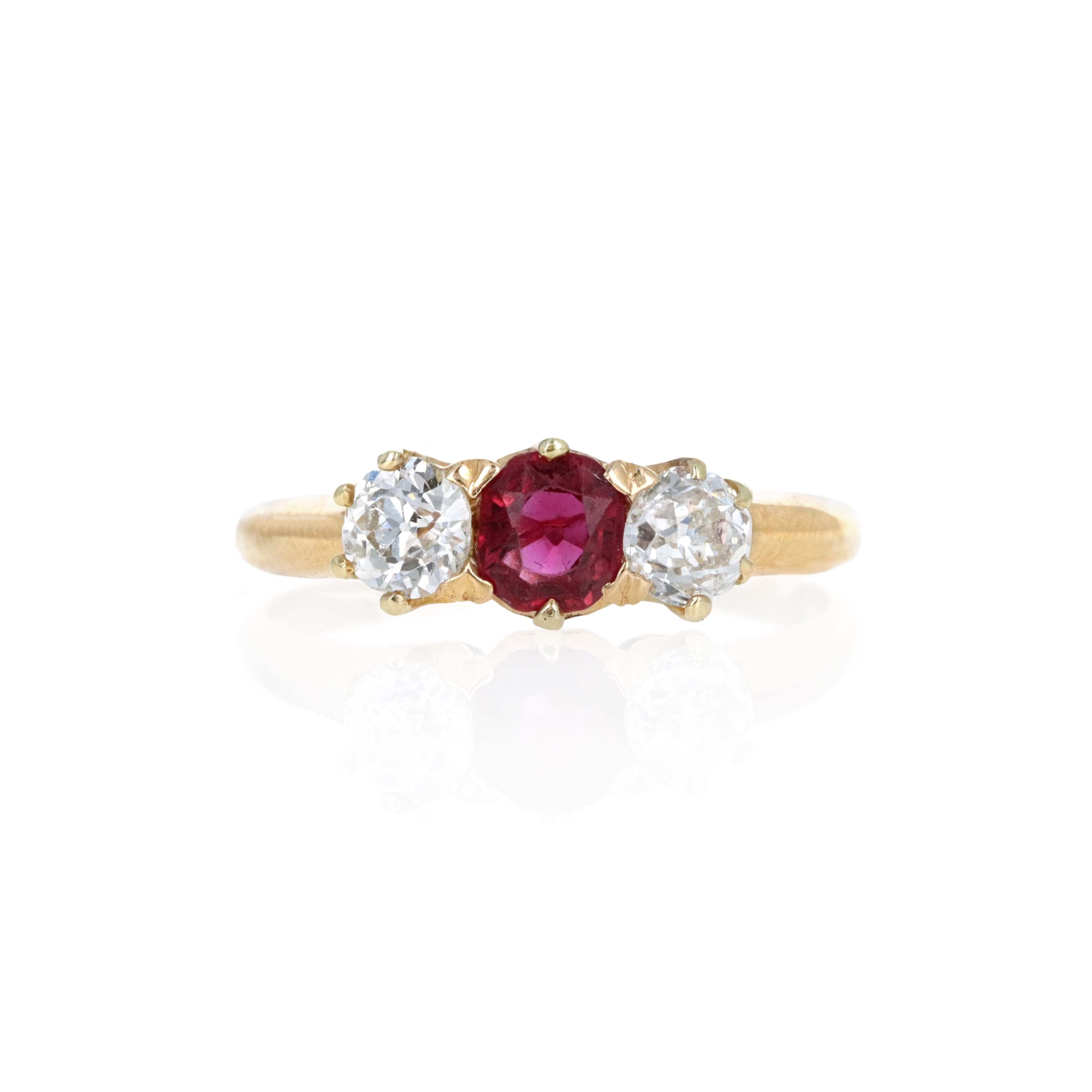 Victorian 14K Yellow Gold 0.33 Carat Old Mine Cut Ruby Diamond Three Stone Ring - Queen May