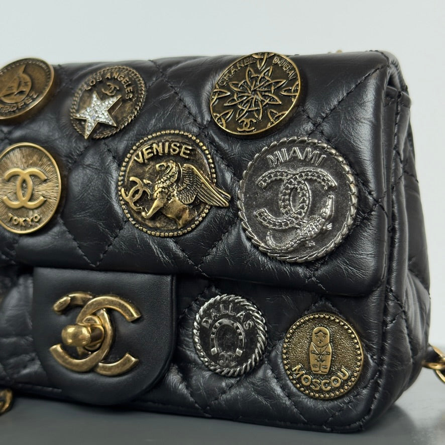 Limited Edition Chanel 2015 Calfskin Paris Dubai Coin Collector Extra Mini Flap Bag - Queen May