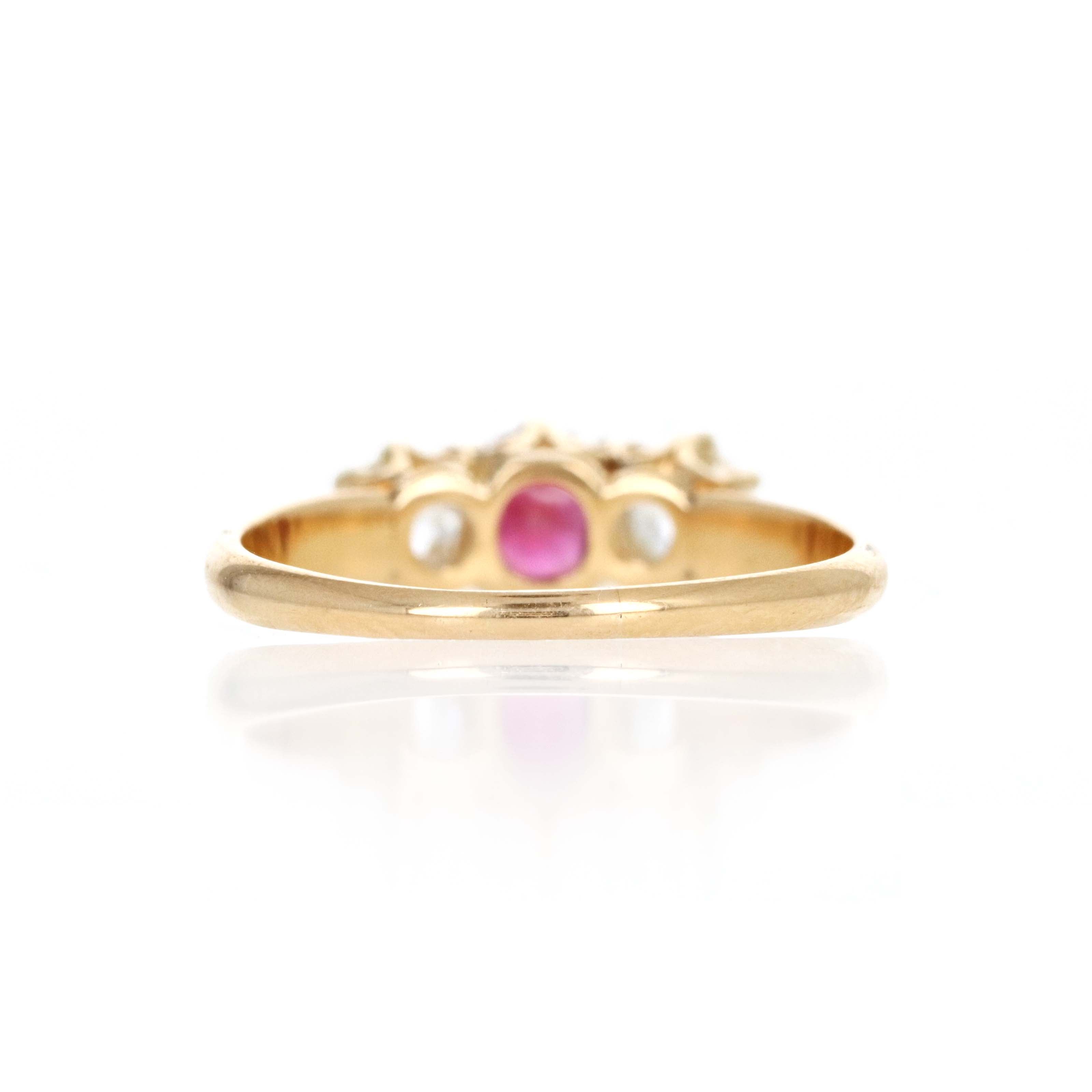 Victorian 14K Yellow Gold 0.33 Carat Old Mine Cut Ruby Diamond Three Stone Ring - Queen May