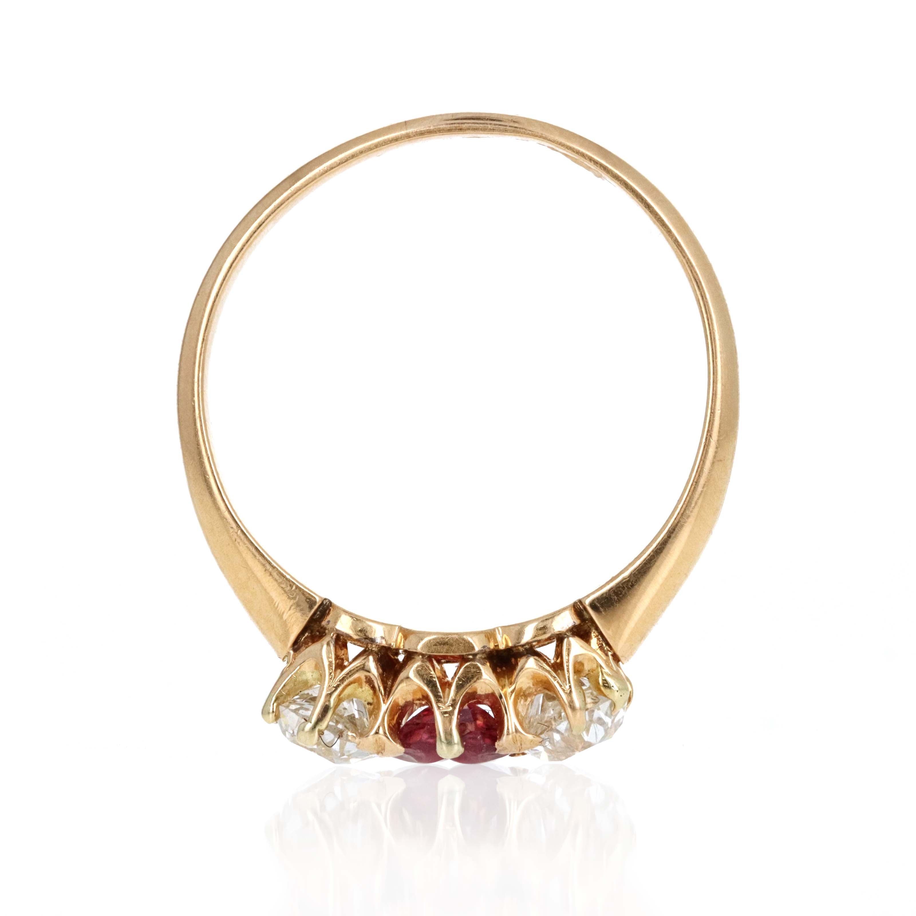 Victorian 14K Yellow Gold 0.33 Carat Old Mine Cut Ruby Diamond Three Stone Ring - Queen May