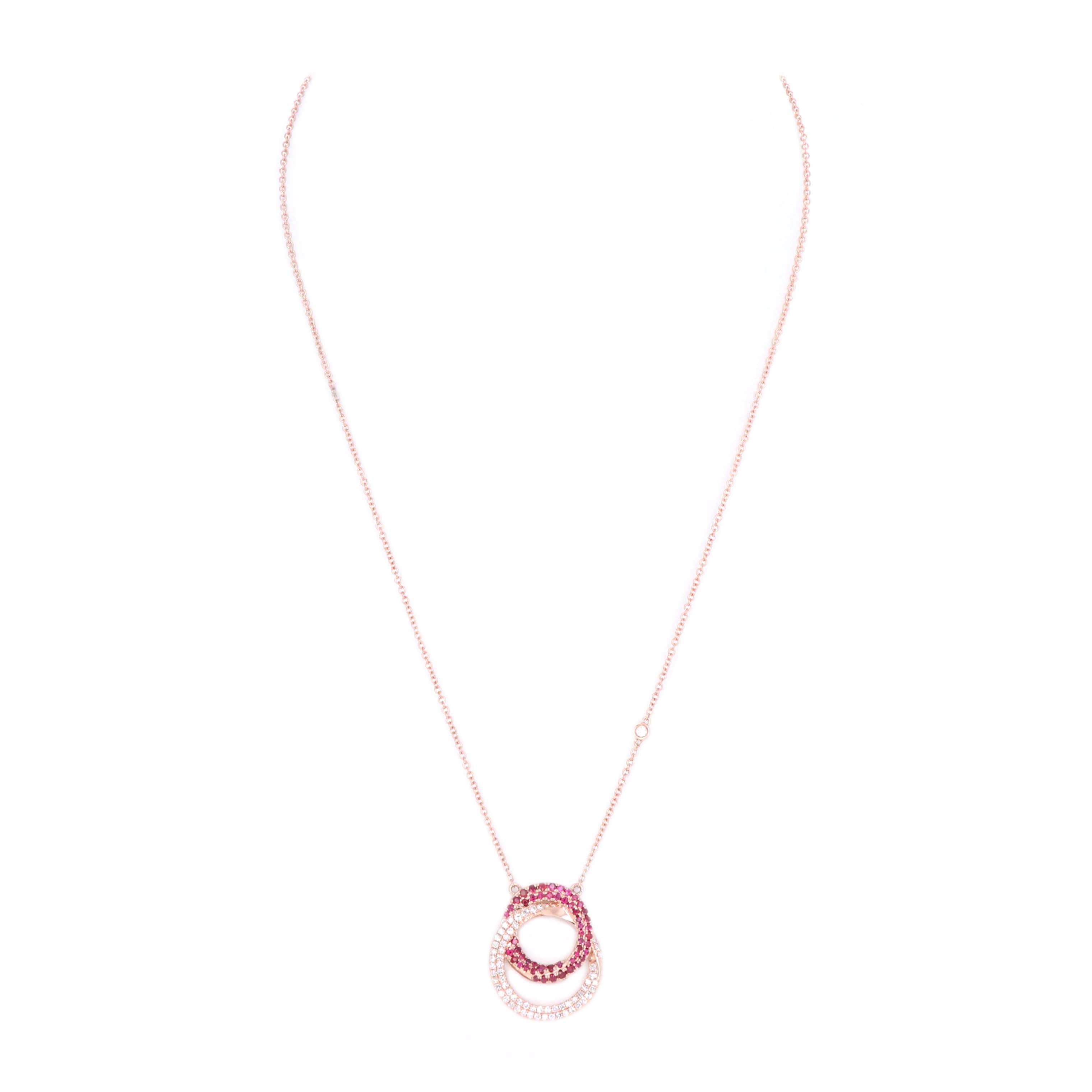14K Rose Gold Ruby Diamond Interlocking Circle Pendant Necklace