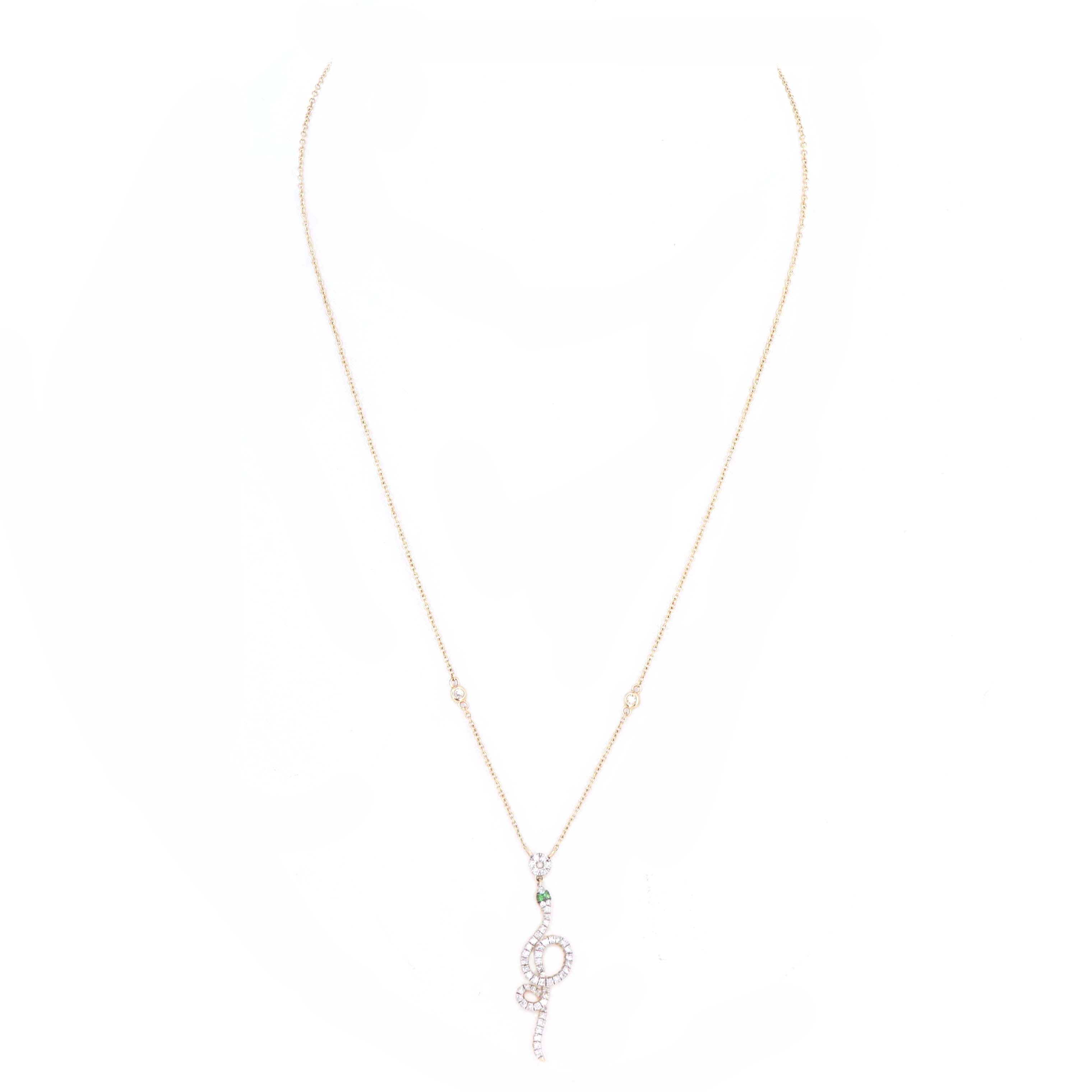 14K Yellow Gold Diamond Tsavorite Snake Pendant Necklace