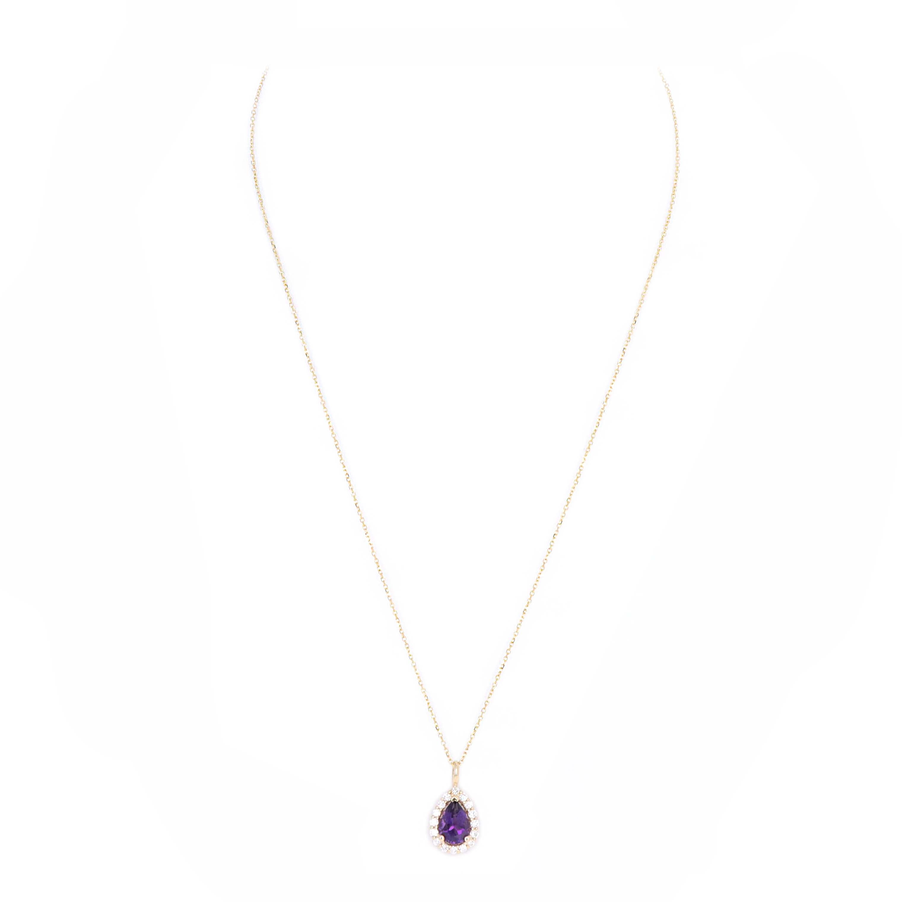 14K Yellow Gold 1 Carat Amethyst Diamond Halo Pendant Necklace