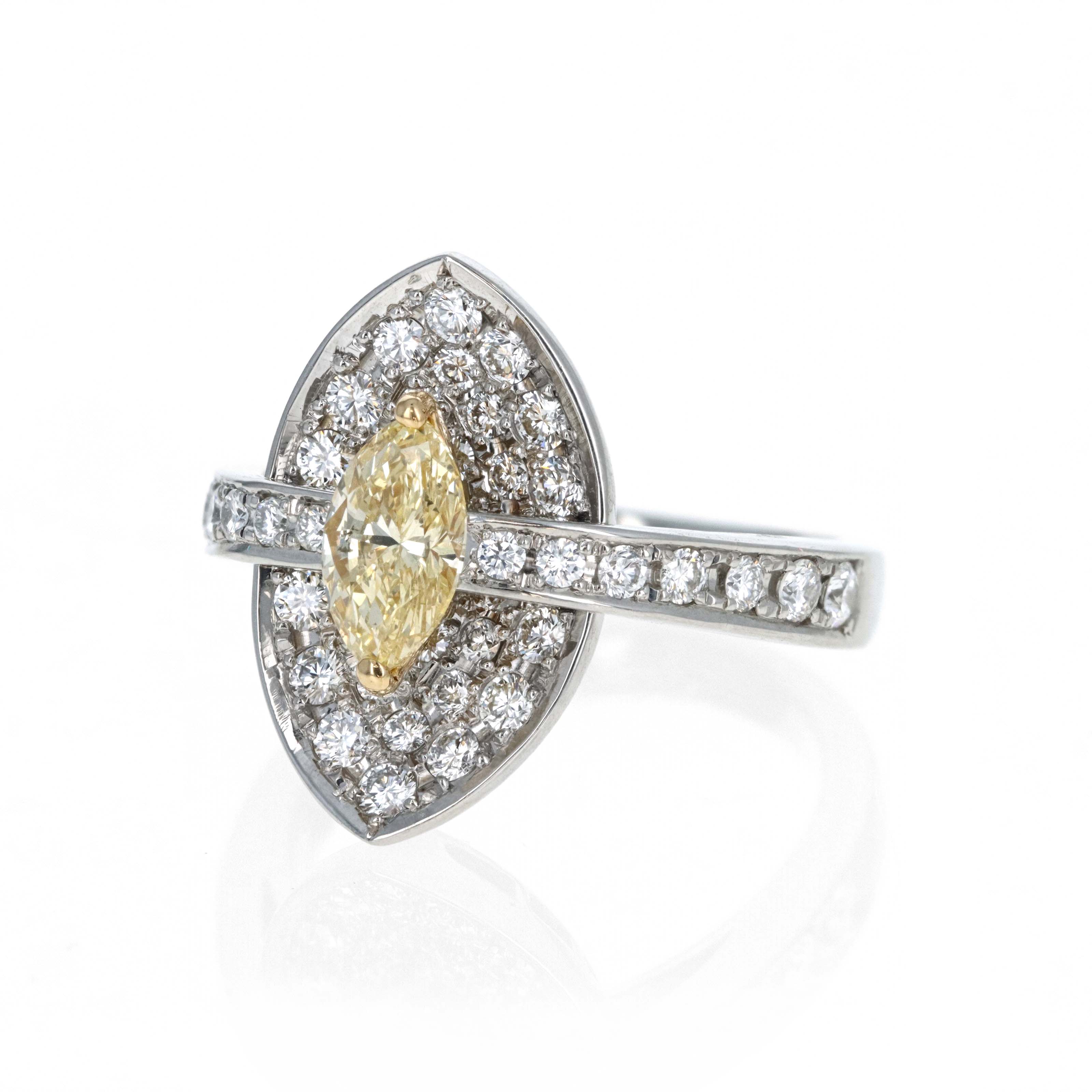 Platinum 0.72 Carat Fancy Yellow Marquise Cut Diamond Pave Engagement Ring - Queen May