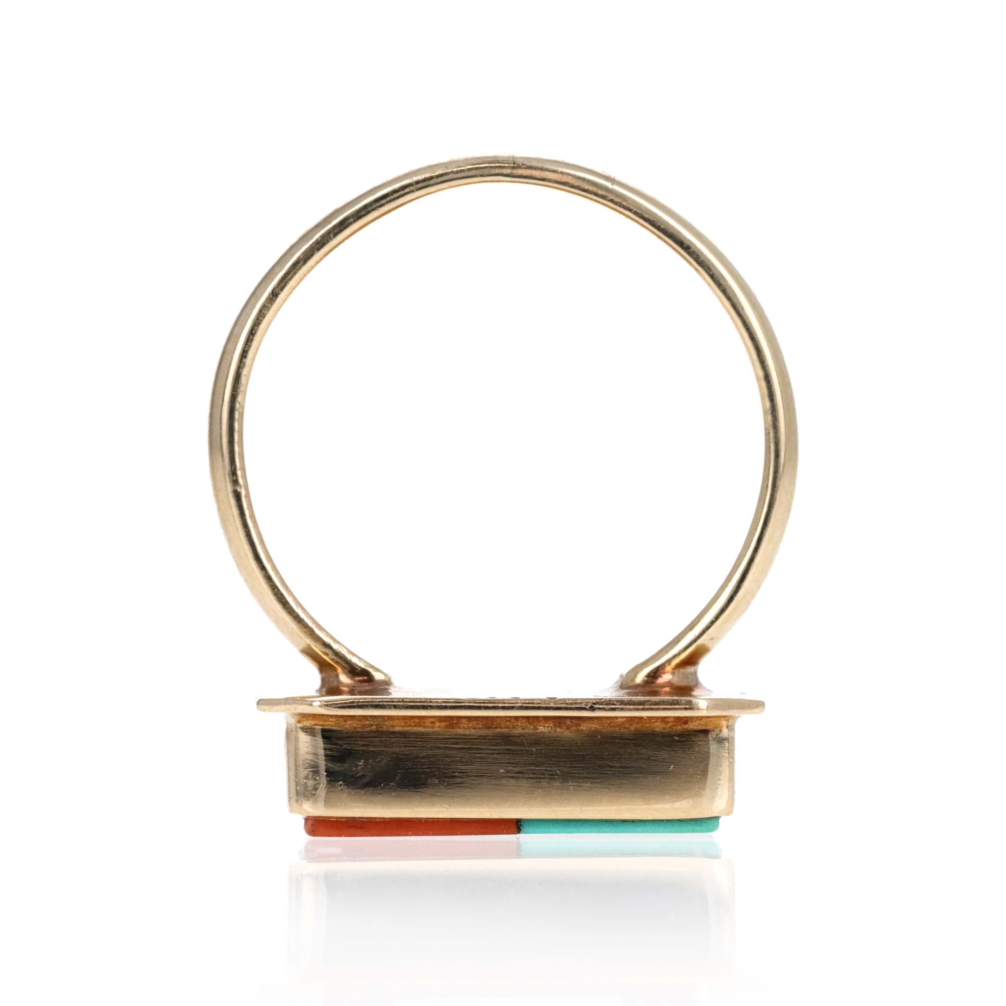 Vintage 14K Yellow Gold Handmade Zuni Face Inlaid Multi-Stone Ring