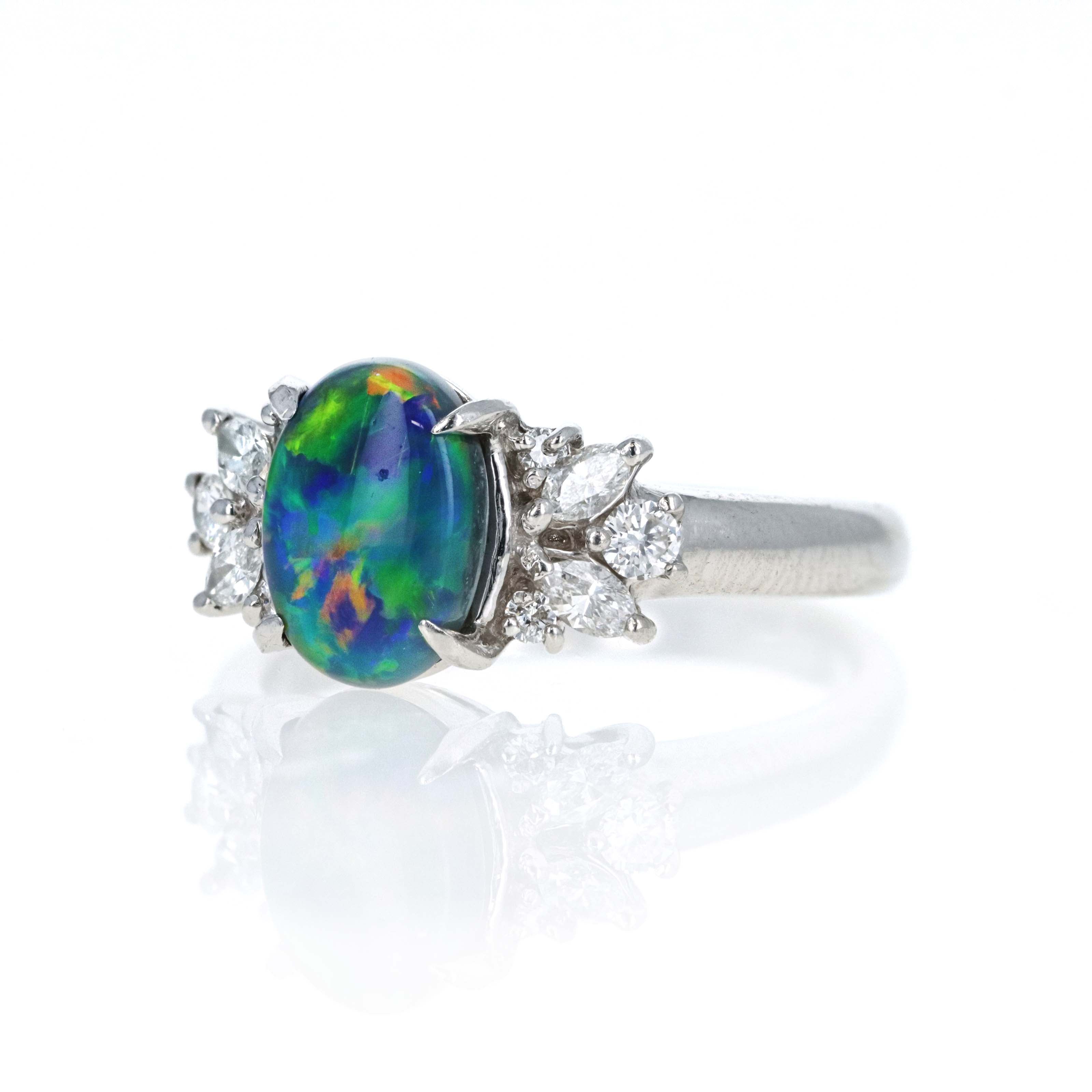 Platinum 1.61 Carat Oval Cabochon Black Opal Diamond Accented Ring - Queen May