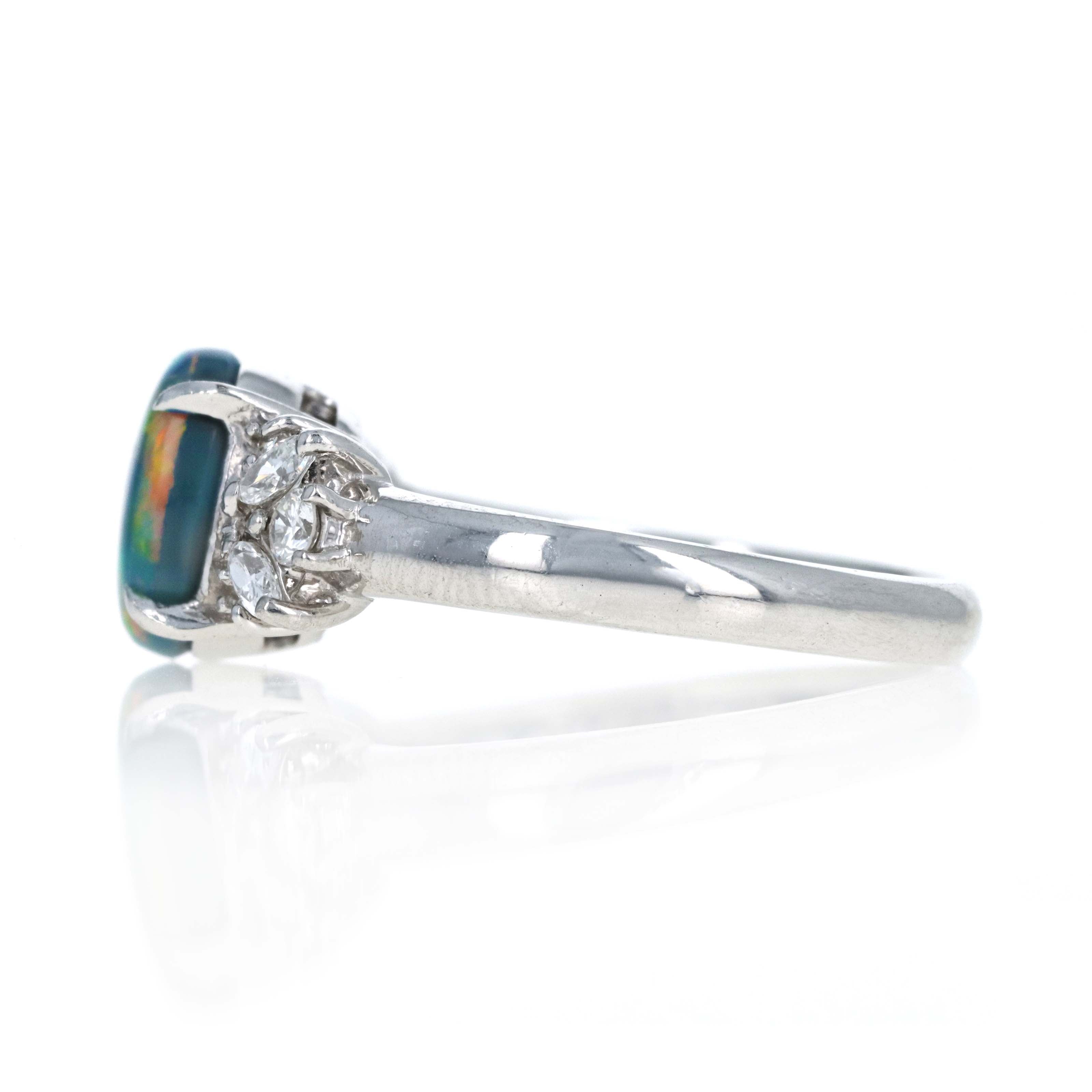 Platinum 1.61 Carat Oval Cabochon Black Opal Diamond Accented Ring - Queen May