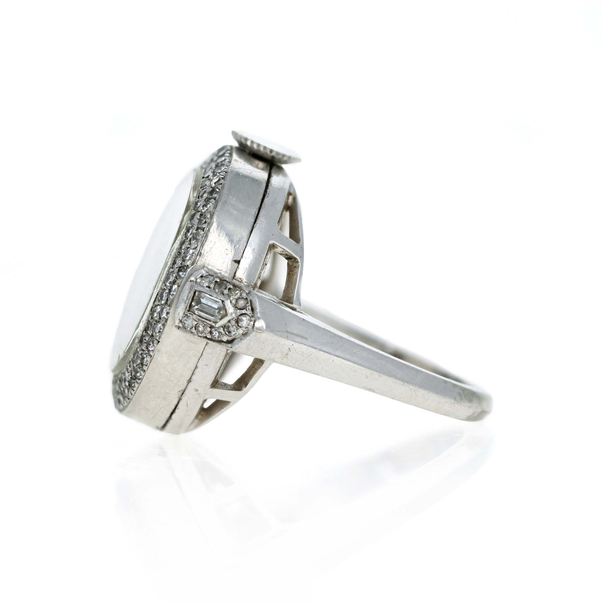 Art Deco c.1937 Platinum Breguet Numeral Diamond Bezel Swiss Ring Watch Powered By A Mechanical Blancpain Movement