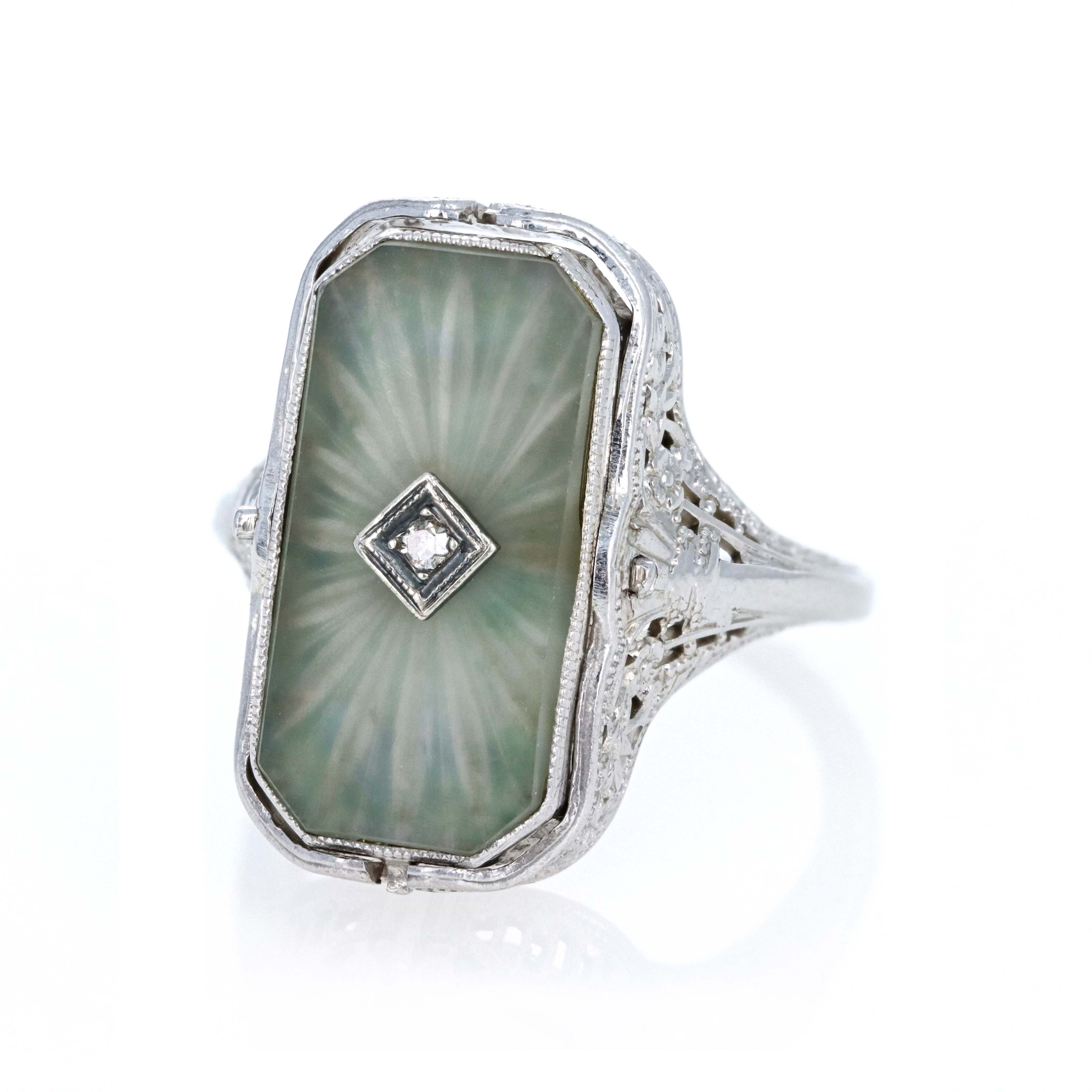 Art Deco 14K White Gold Rock Crystal Quartz & Onyx Flip Ring - Queen May