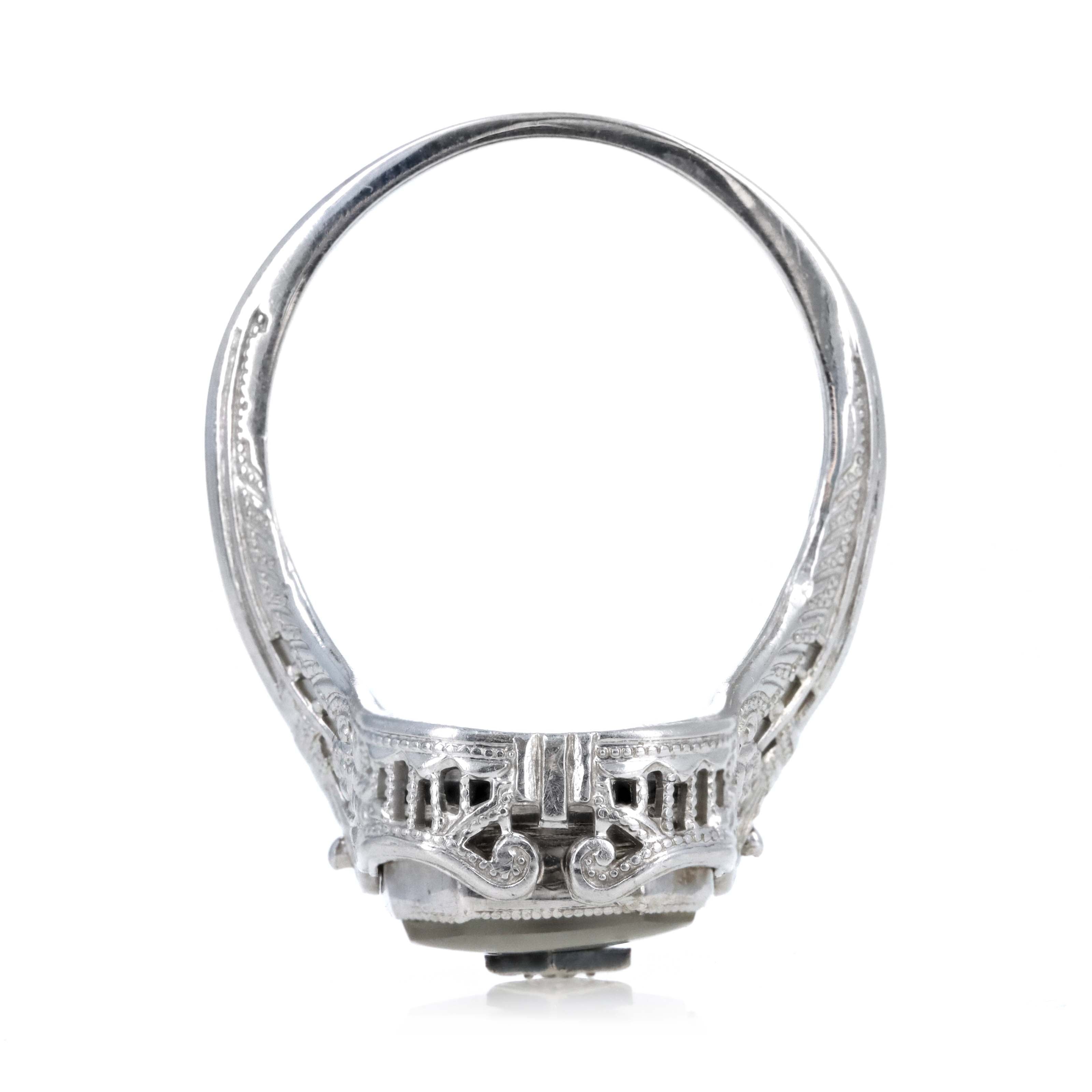 Art Deco 14K White Gold Rock Crystal Quartz & Onyx Flip Ring - Queen May