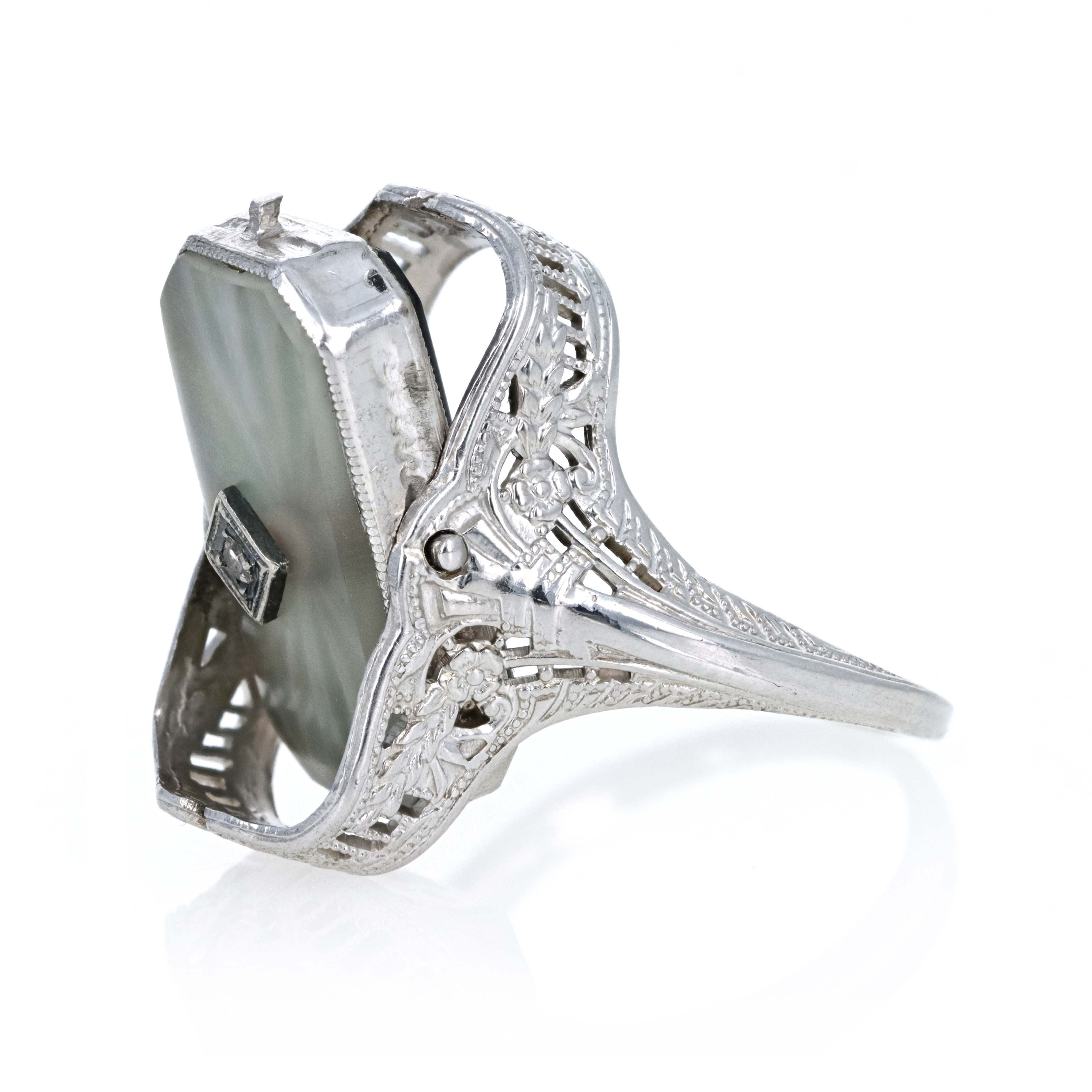 Art Deco 14K White Gold Rock Crystal Quartz & Onyx Flip Ring - Queen May