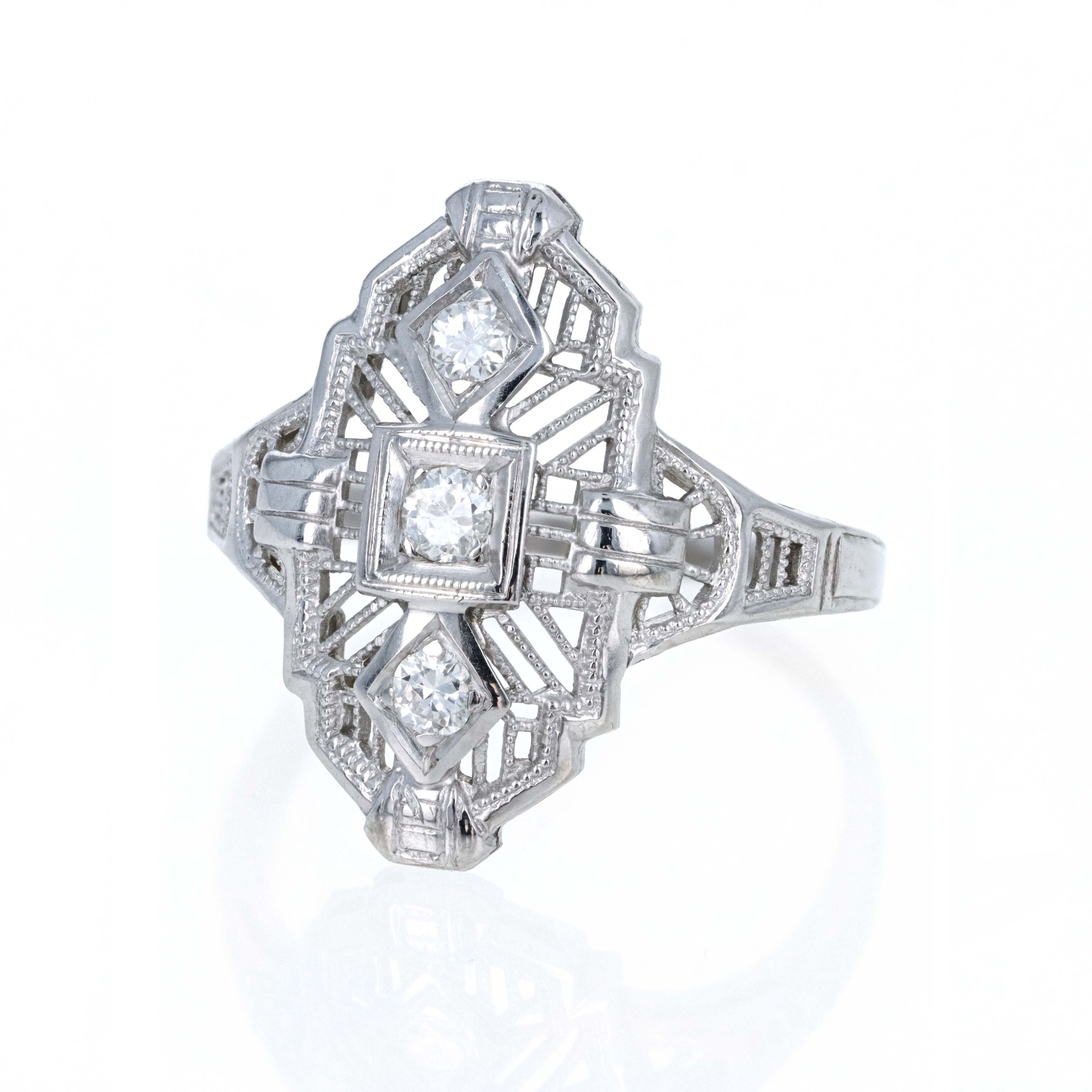 Art Deco 18K White Gold 0.15 Carat Diamond Shield Ring - Queen May
