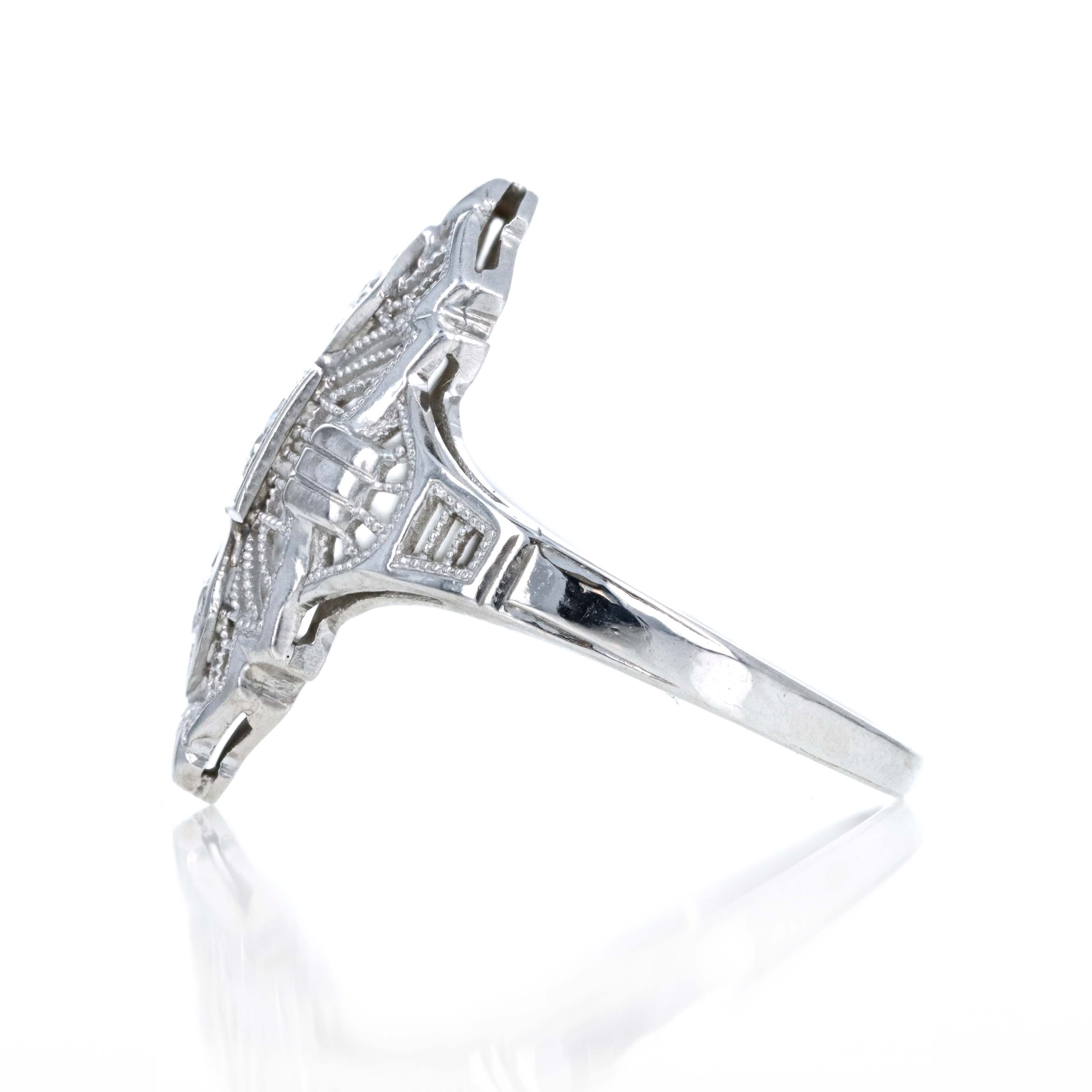 Art Deco 18K White Gold 0.15 Carat Diamond Shield Ring - Queen May