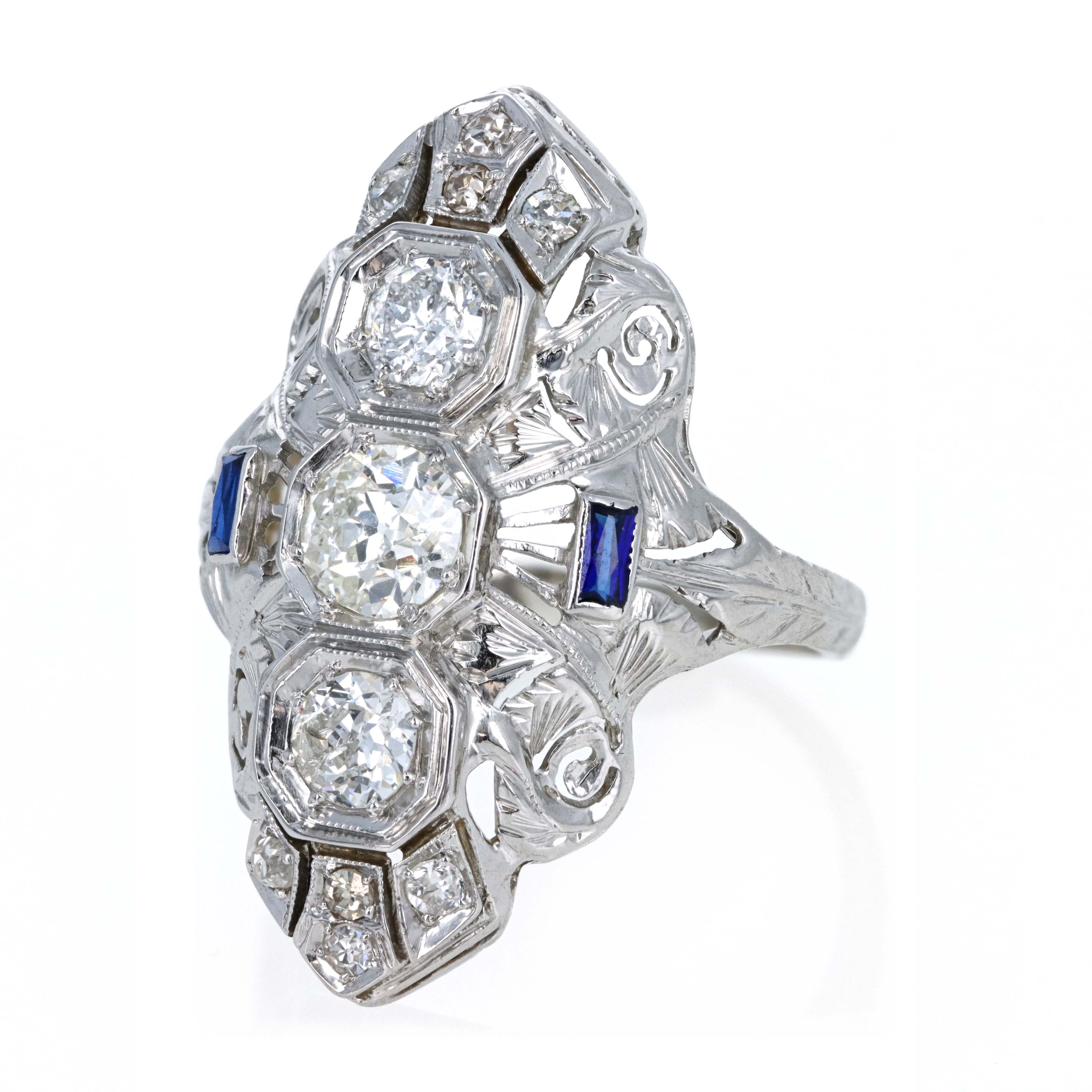 Art Deco 18K White Gold 0.50 Carat Old European Cut Diamond & 0.10 Carat Synthetic Sapphire Shield Ring - Queen May