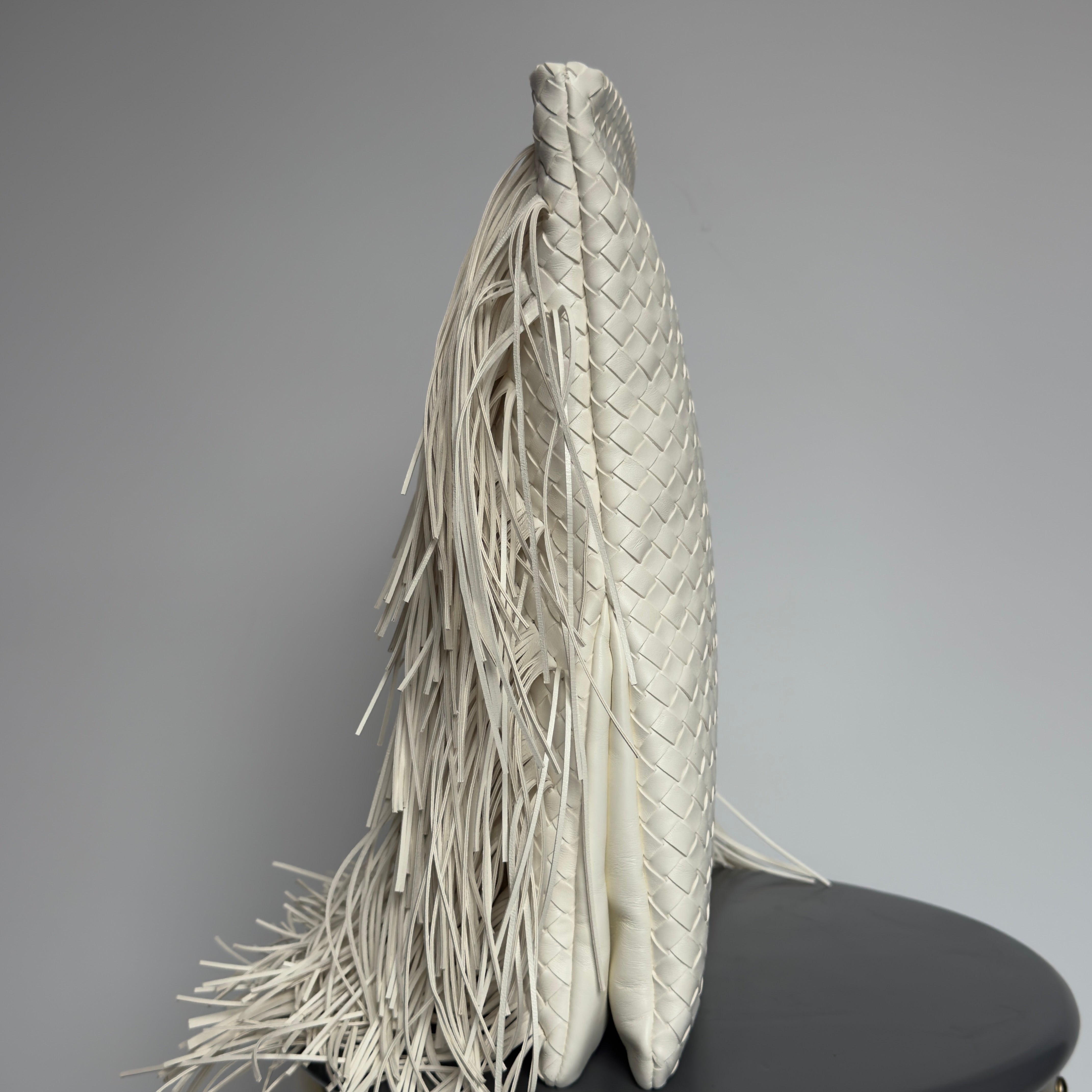 Bottega Veneta Intrecciato Fringe Leather Giornale Pouch In Alabaster