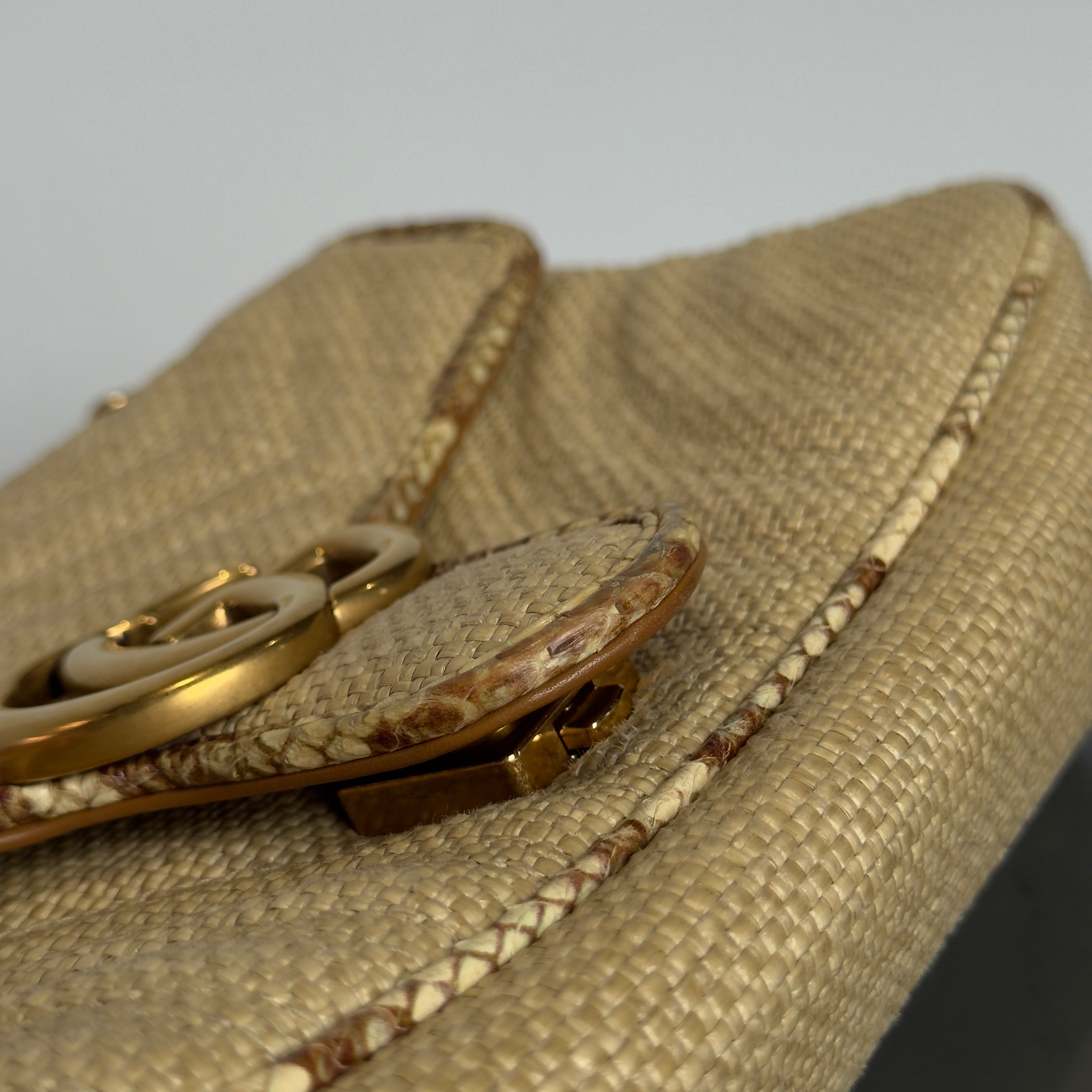 Gucci Raffia Elaphe Matelasse Small GG Shoulder Bag Natural Cream Brown