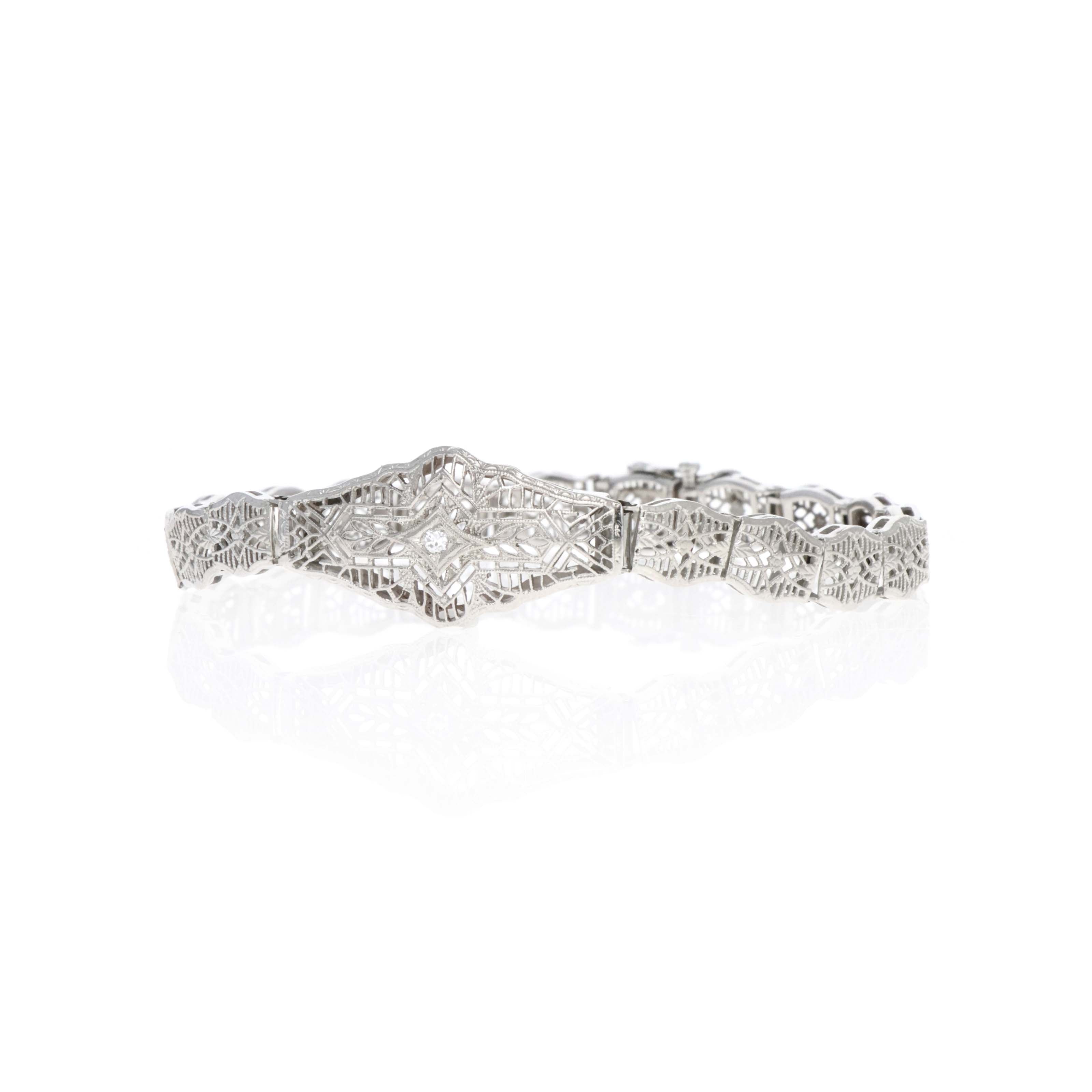 Art Deco 14K White Gold 0.20 Carat Diamond Filigree Bracelet - Queen May