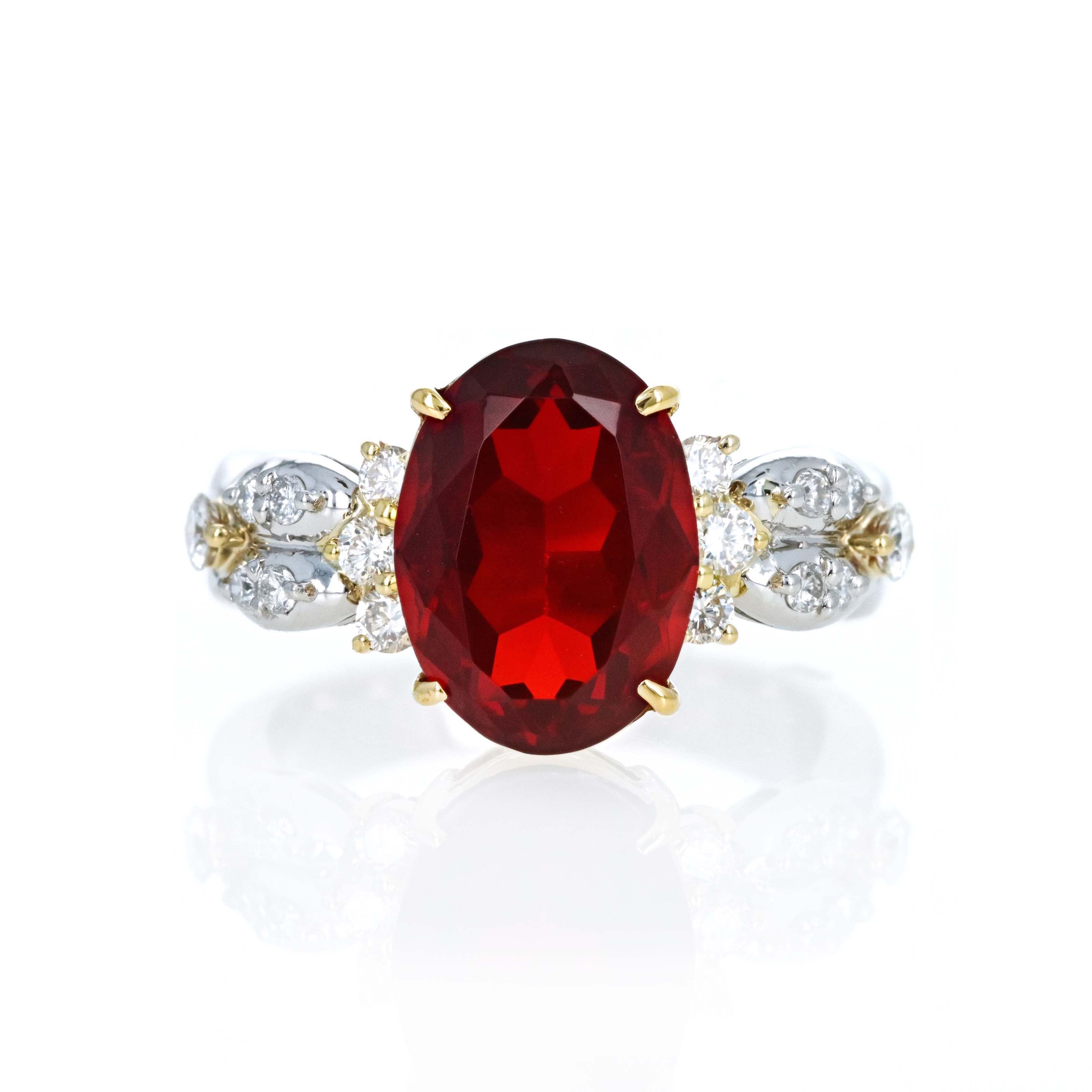 Platinum 18K Yellow Gold 3.24 Carat Oval Garnet Diamond Accented Ring