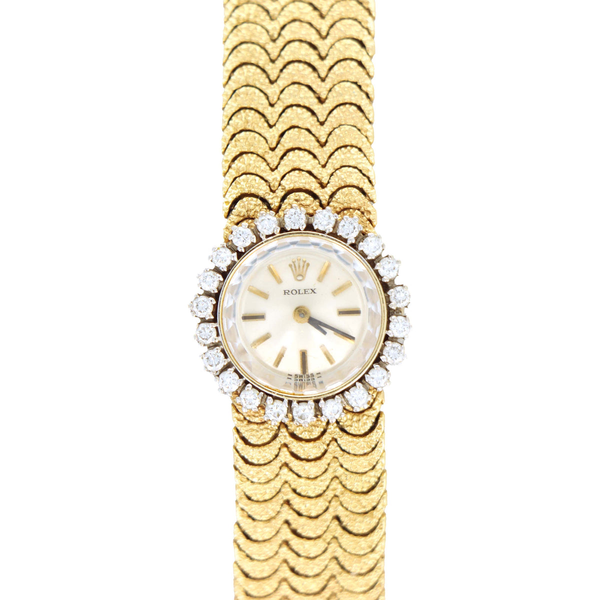 Vintage Rolex Ladies Ref 8159 14K Yellow Gold Scalloped Finish Bracelet With White Gold Diamond Bezel Mechanical Movement Watch