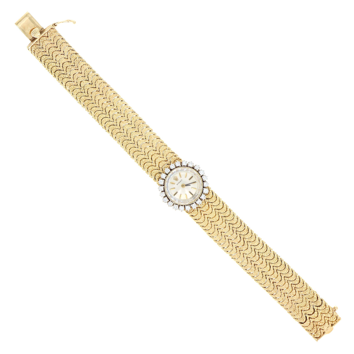 Vintage Rolex Ladies Ref 8159 14K Yellow Gold Scalloped Finish Bracelet With White Gold Diamond Bezel Mechanical Movement Watch
