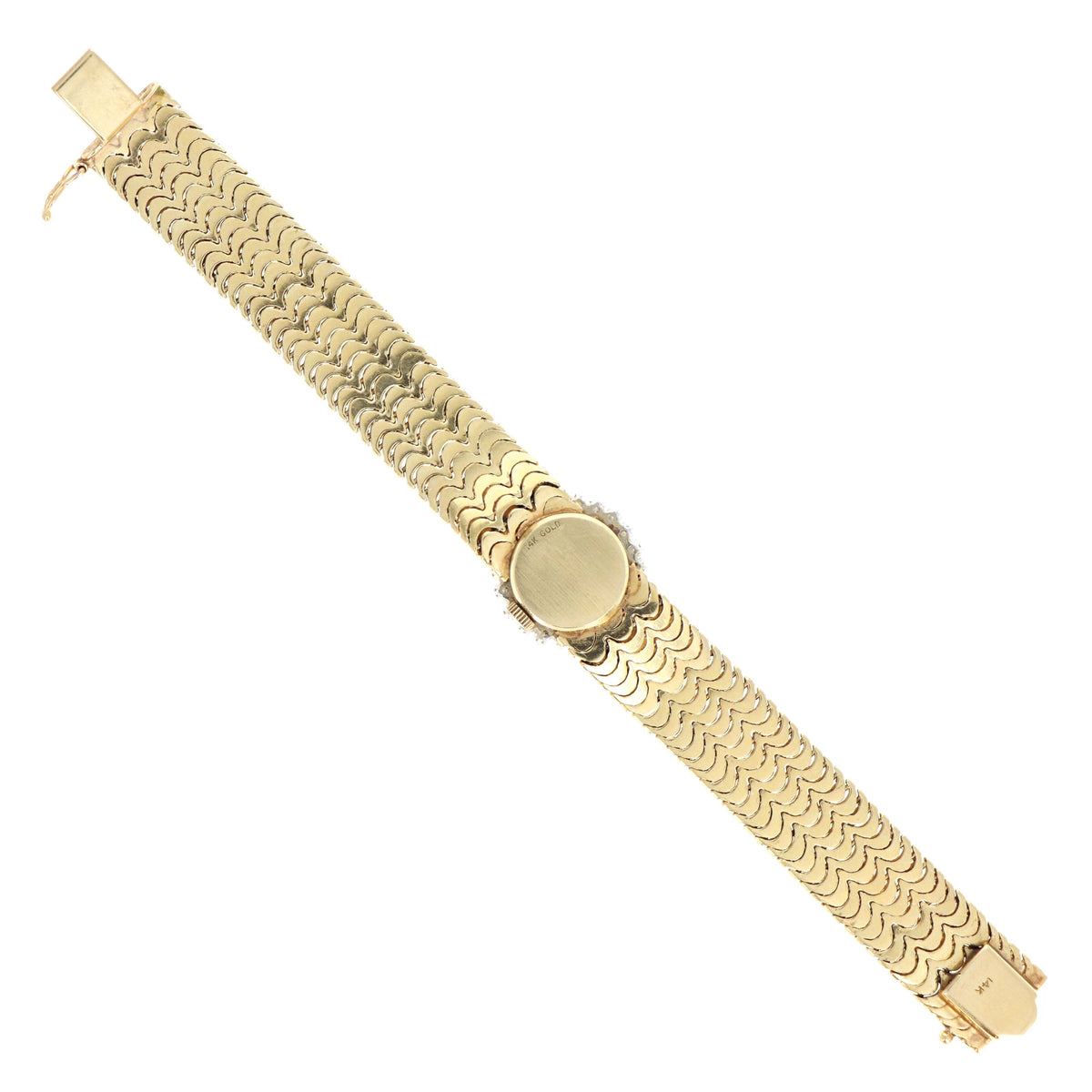 Vintage Rolex Ladies Ref 8159 14K Yellow Gold Scalloped Finish Bracelet With White Gold Diamond Bezel Mechanical Movement Watch