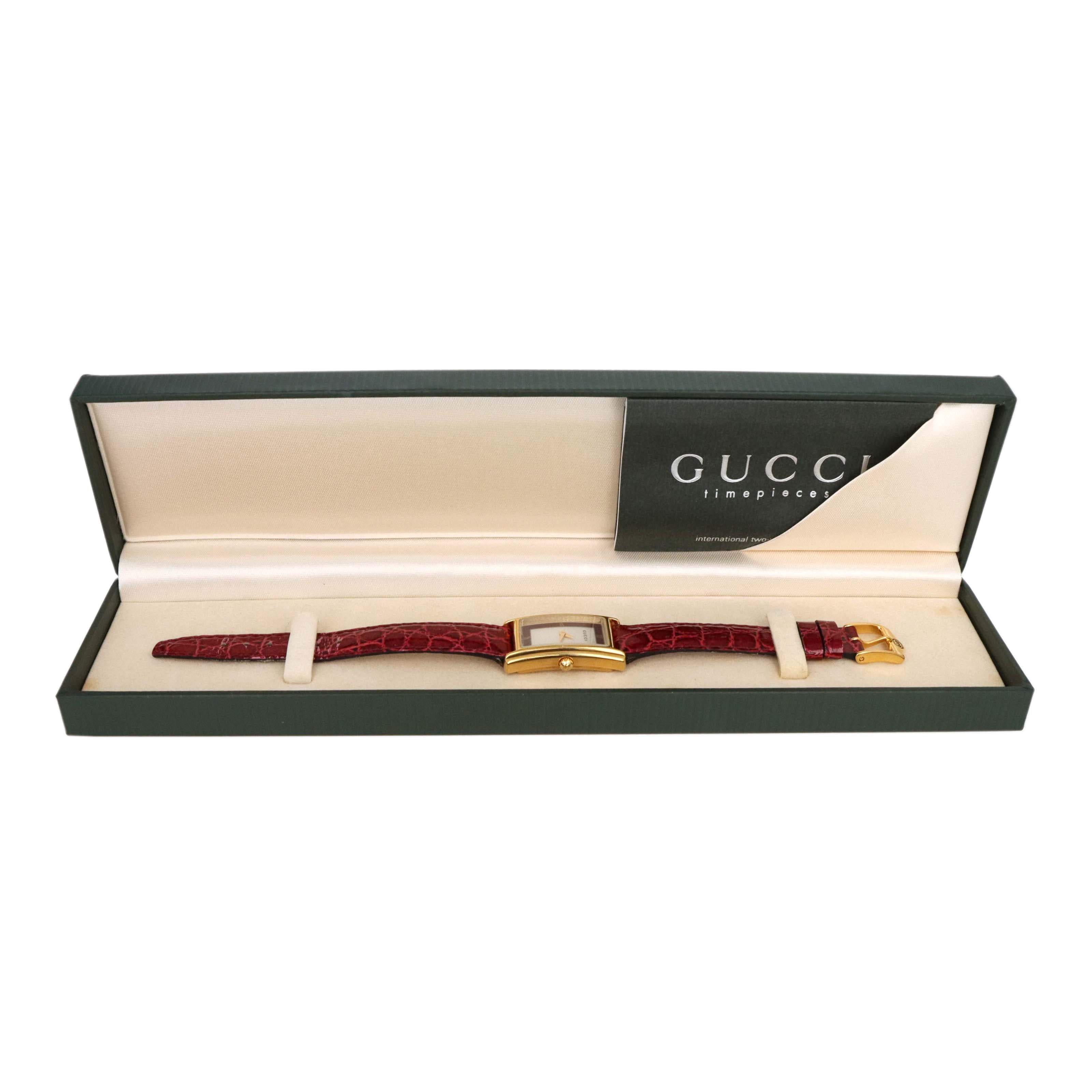 Vintage Gucci 2600L Gold Plated Ladies Watch with Red Leather Strap and Box - Queen May