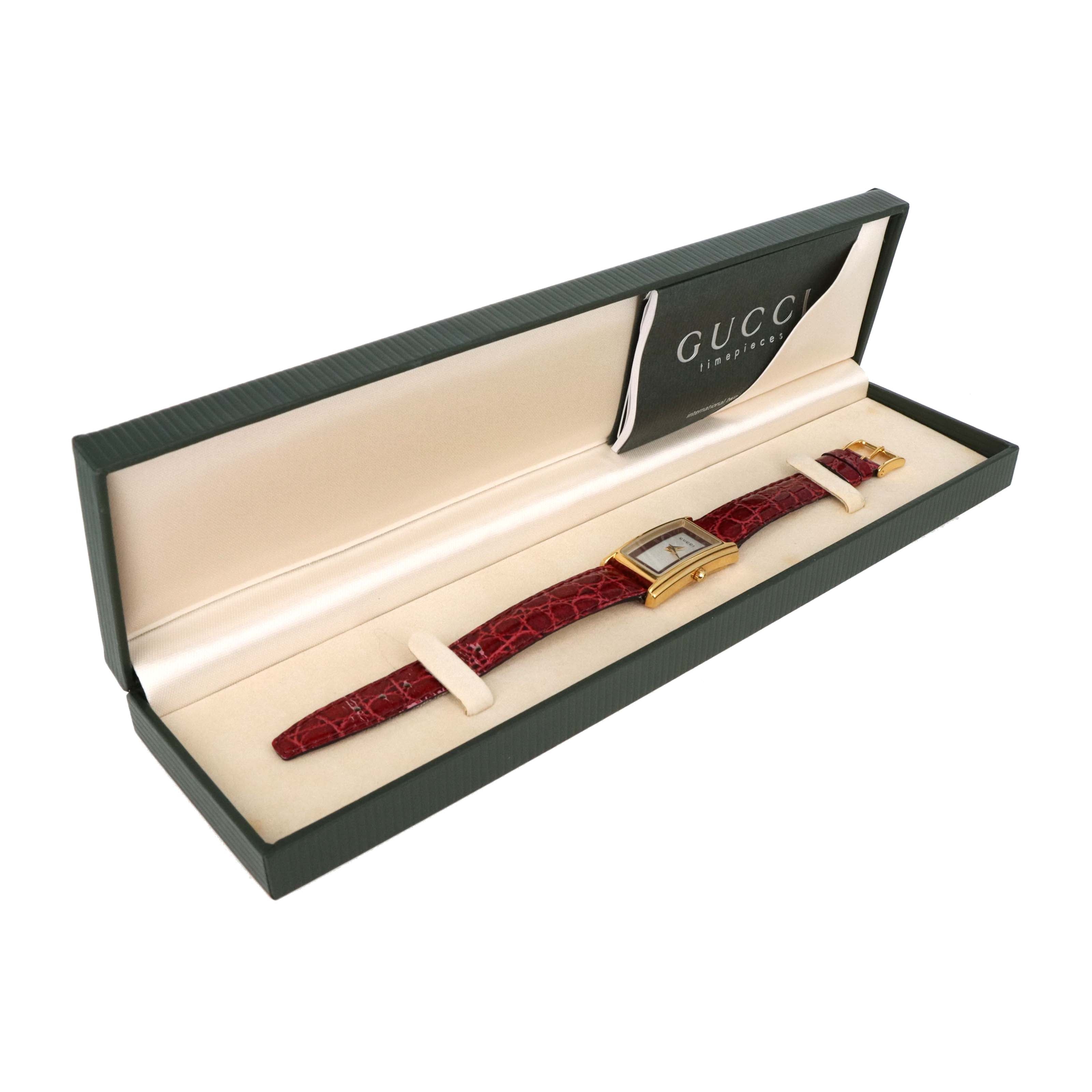 Vintage Gucci 2600L Gold Plated Ladies Watch with Red Leather Strap and Box - Queen May