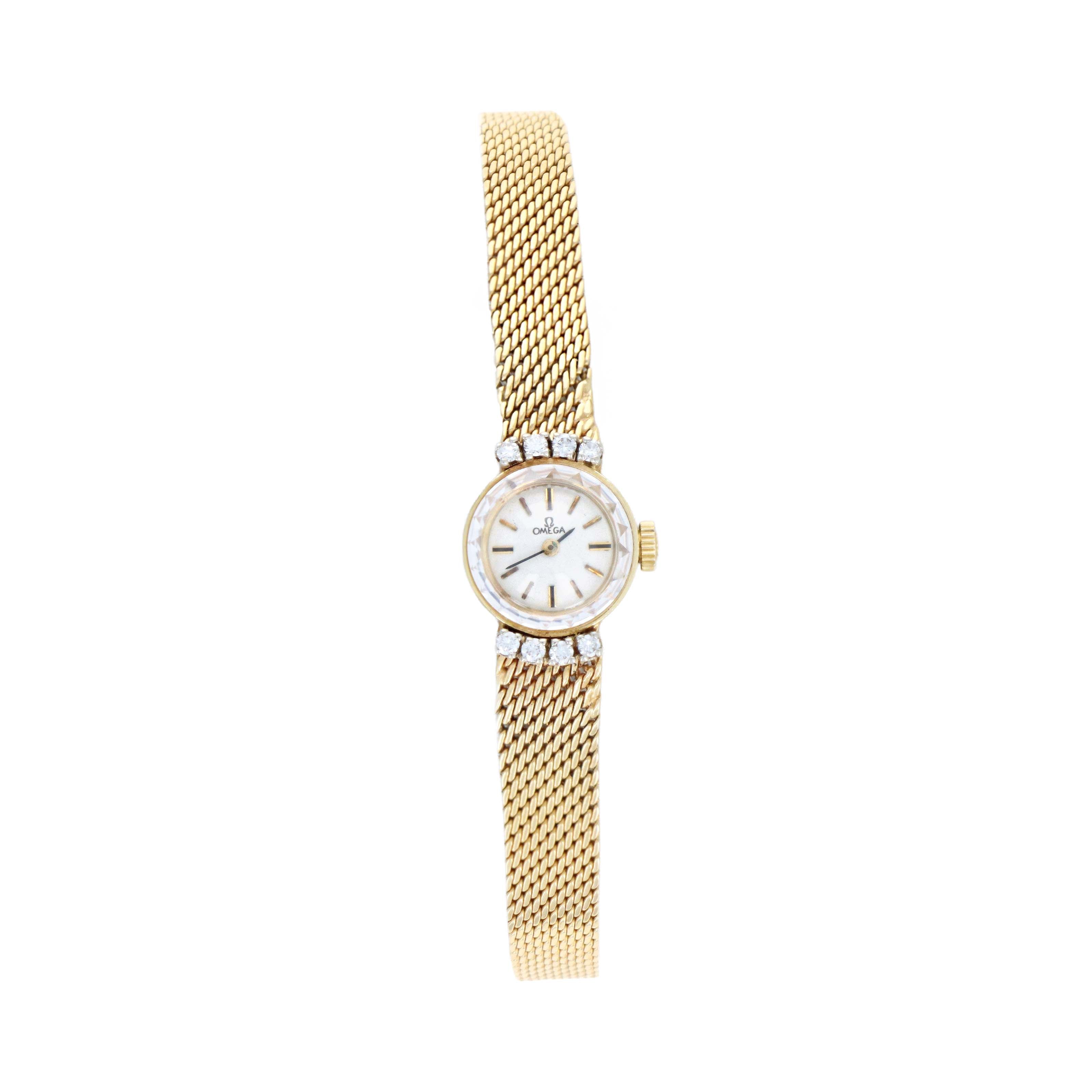 Vintage Omega 14K Yellow Gold Woven Mesh Bracelet Diamond Cocktail Watch