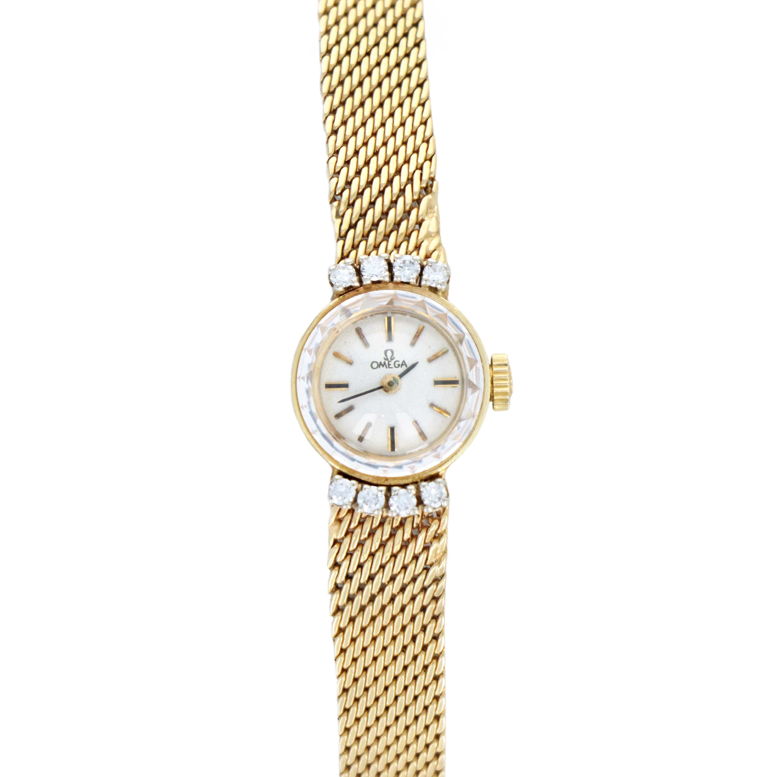 Vintage Omega 14K Yellow Gold Woven Mesh Bracelet Diamond Cocktail Watch