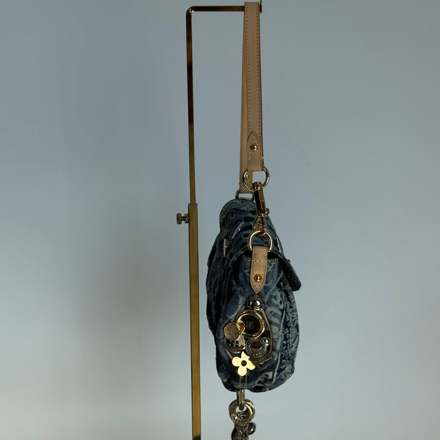 Rare Limited Edition Louis Vuitton Blue Monogram Raye Denim Judy Blame Mini Pleaty Gold & Silver Hardware, 2008 6 Charms - Queen May
