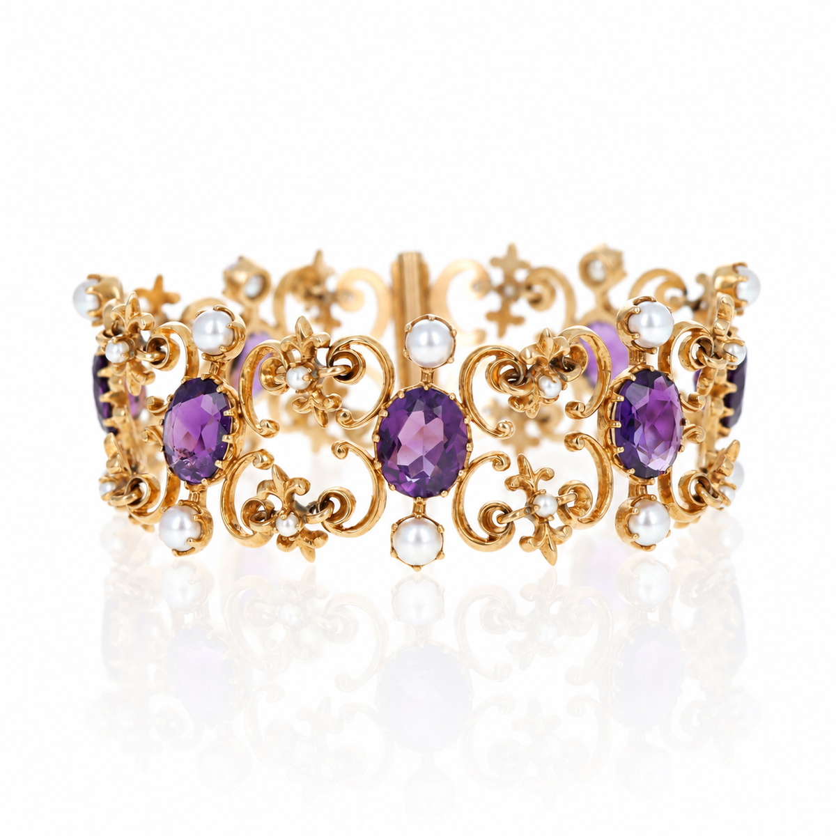 Victorian 14K Yellow Gold Amethyst & Pearl Bracelet - Queen May