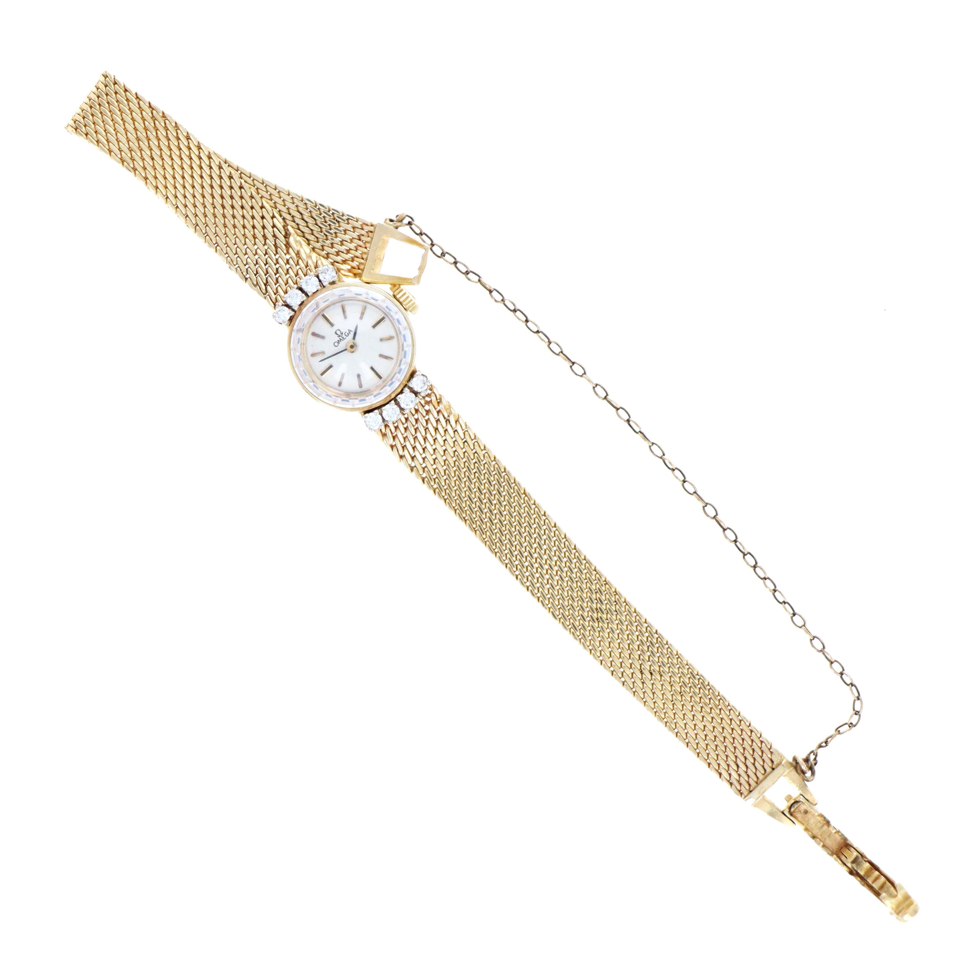Vintage Omega 14K Yellow Gold Woven Mesh Bracelet Diamond Cocktail Watch