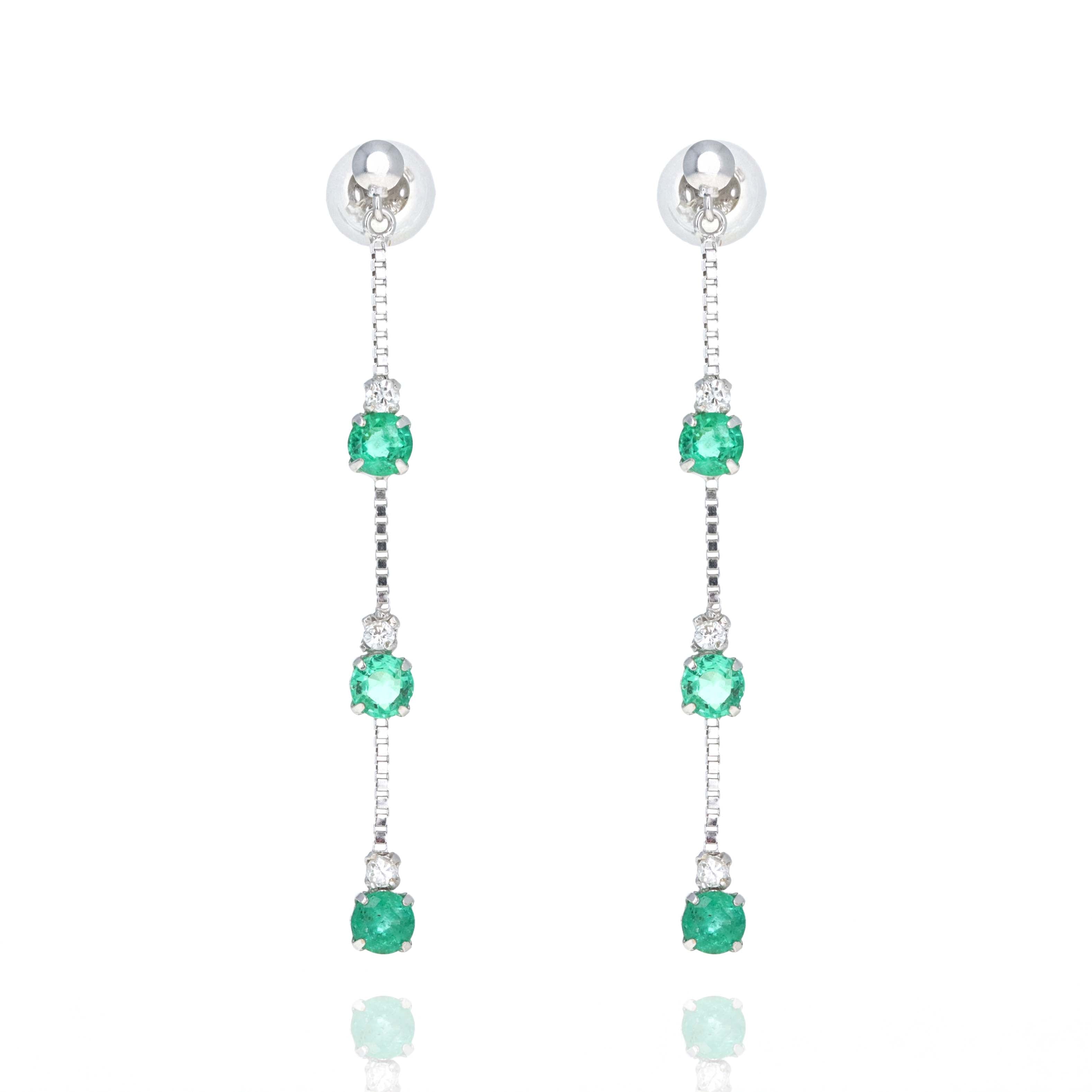 18K White Gold Emerald Diamond Chain Drop Earrings - Queen May