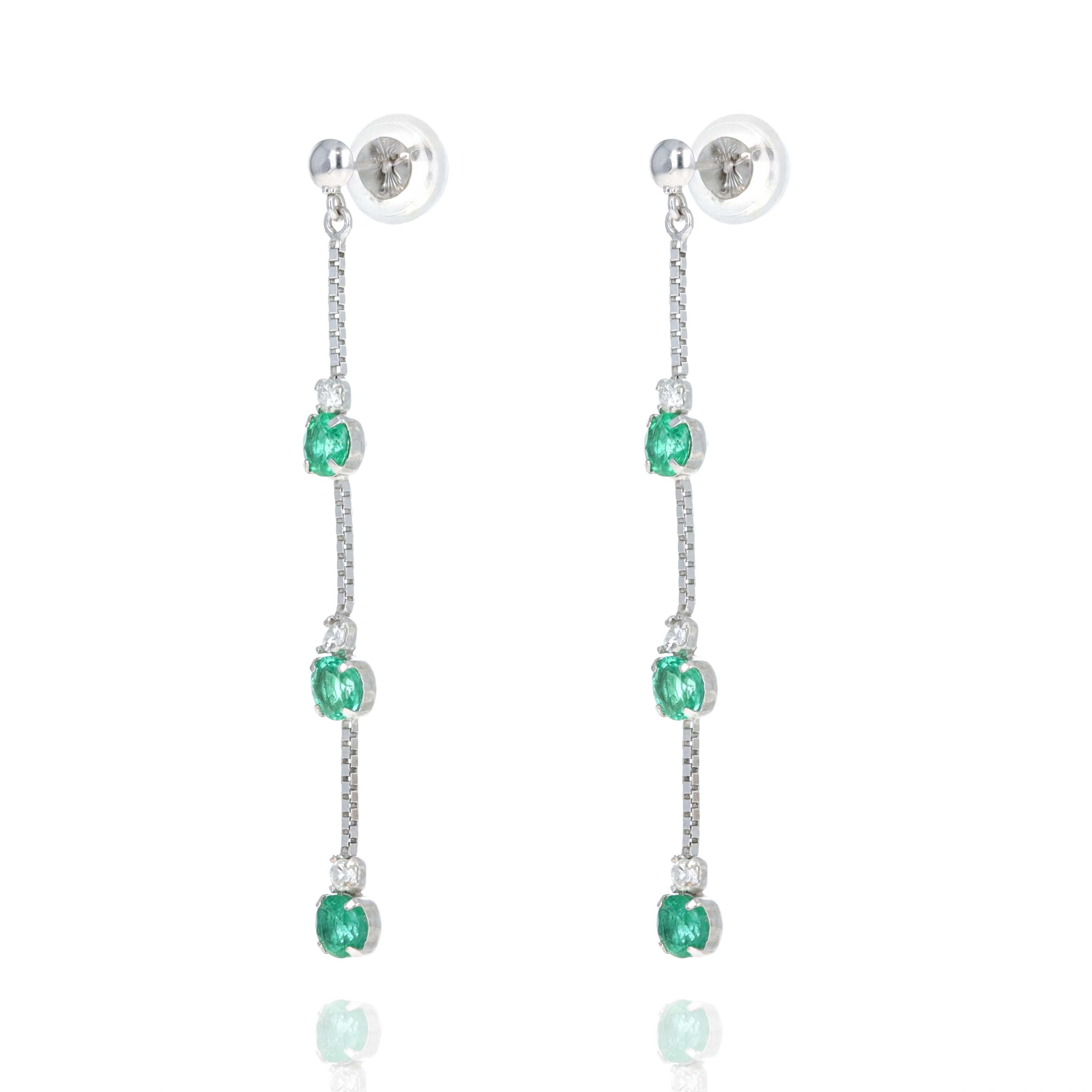 18K White Gold Emerald Diamond Chain Drop Earrings - Queen May