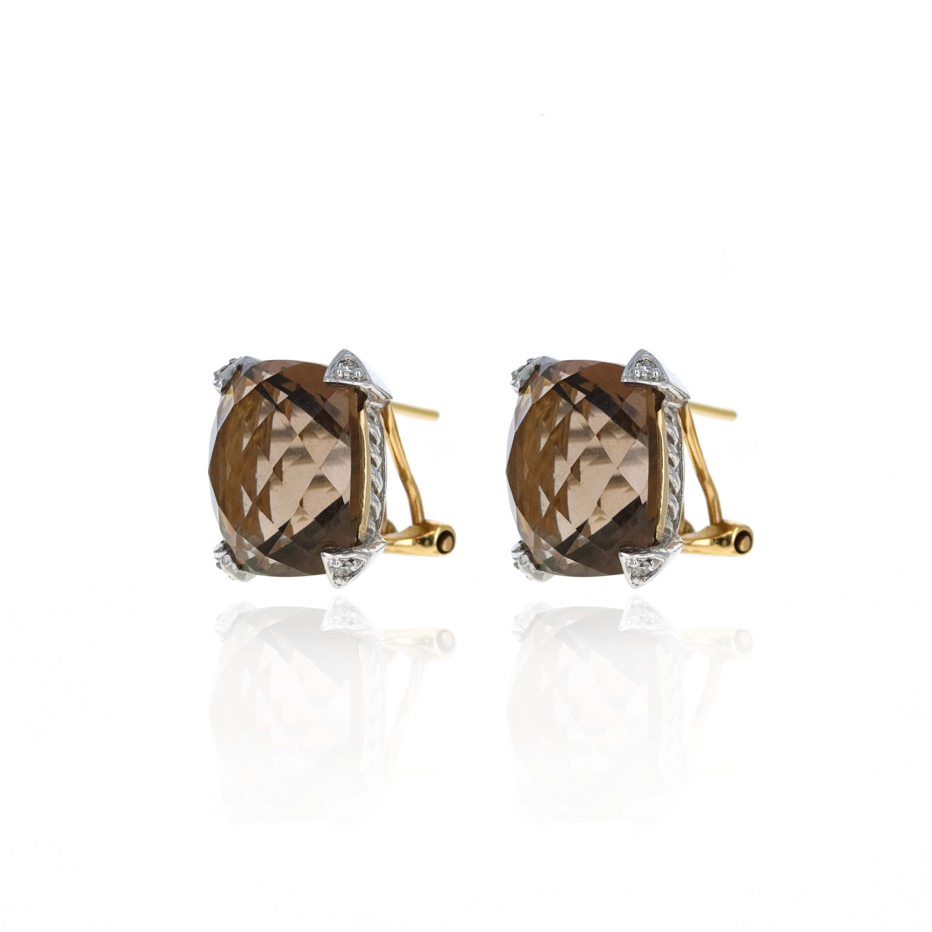 14K Gold 12 Carat Smoky Quartz Diamond Accent Stud Earrings - Queen May