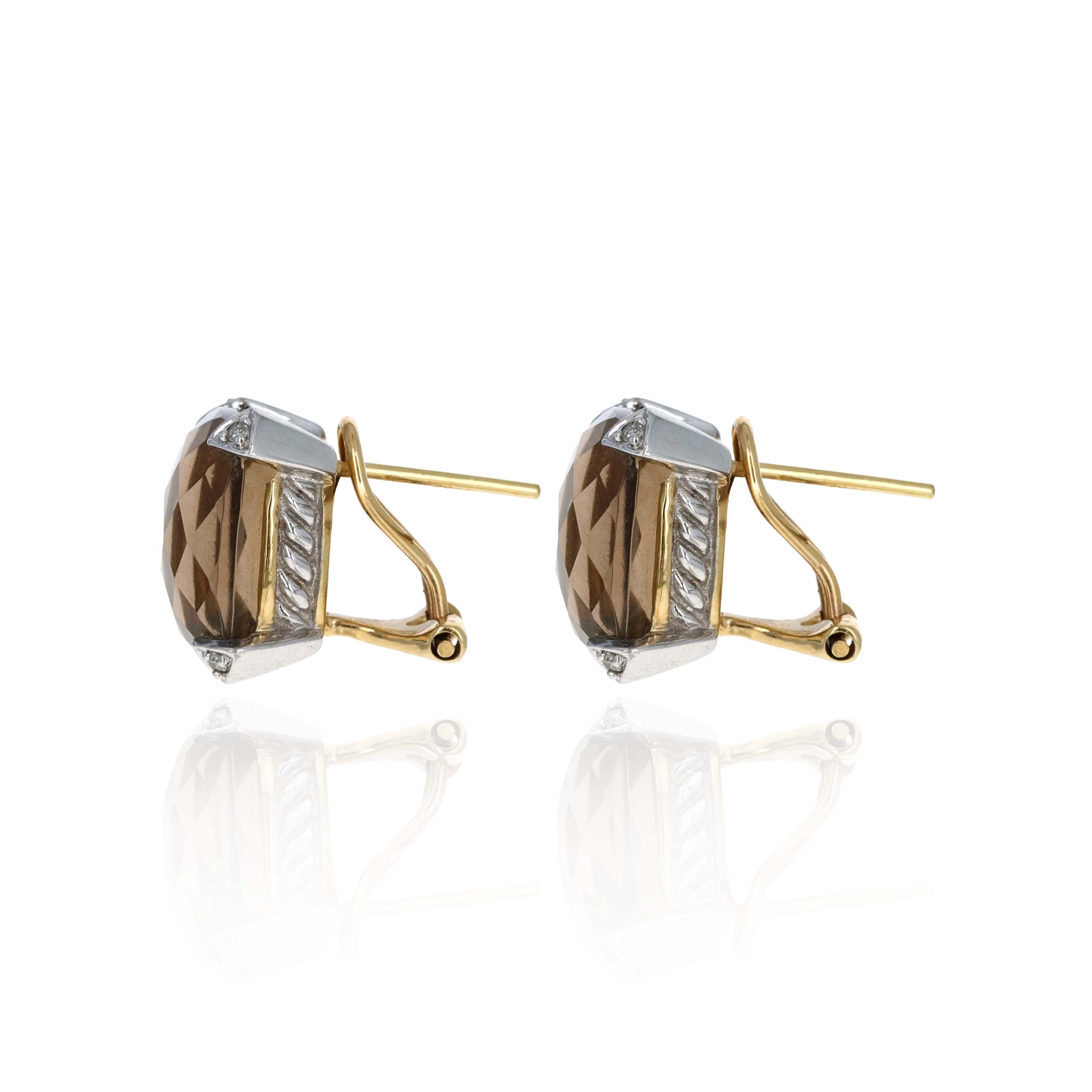 14K Gold 12 Carat Smoky Quartz Diamond Accent Stud Earrings - Queen May