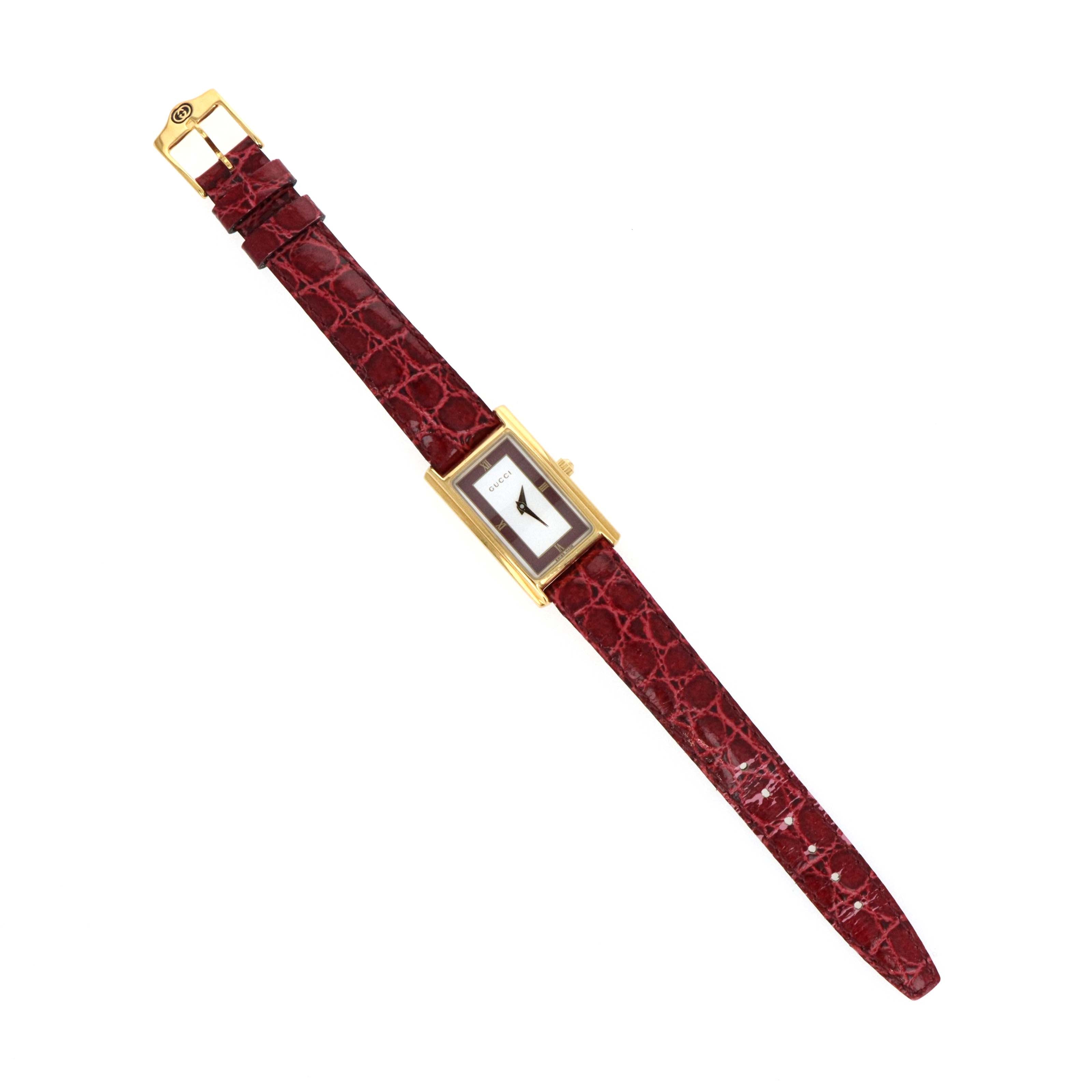 Vintage Gucci 2600L Gold Plated Ladies Watch with Red Leather Strap and Box - Queen May