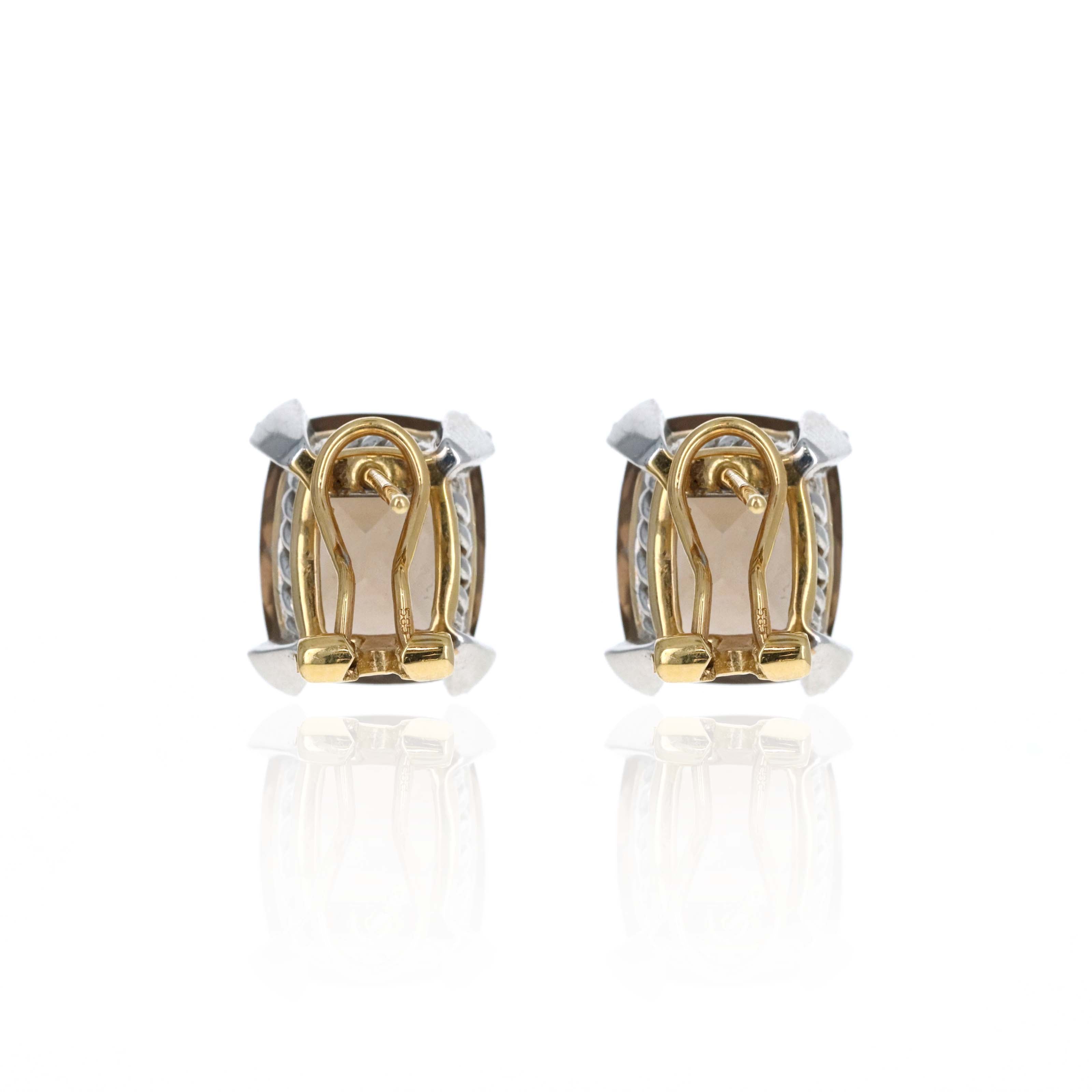 14K Gold 12 Carat Smoky Quartz Diamond Accent Stud Earrings - Queen May
