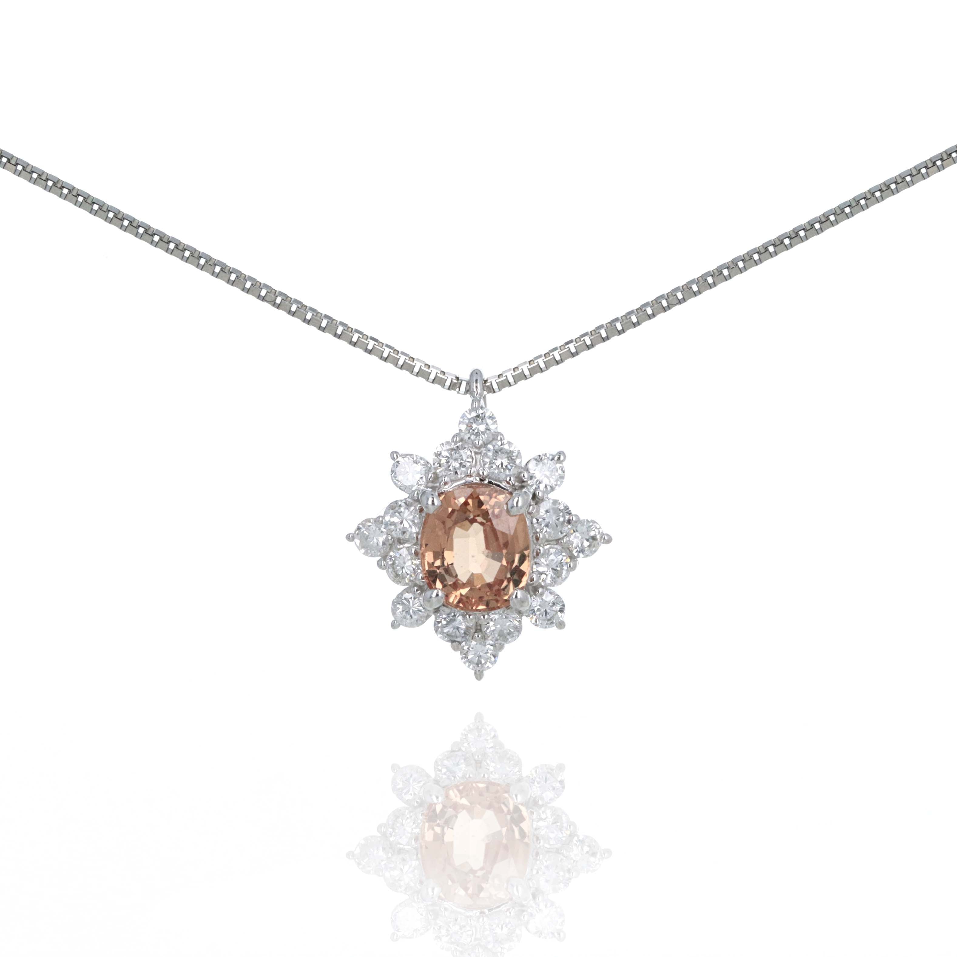 Platinum 0.95 Carat Oval Padparadscha Sapphire Diamond Halo Pendant Necklace - Queen May