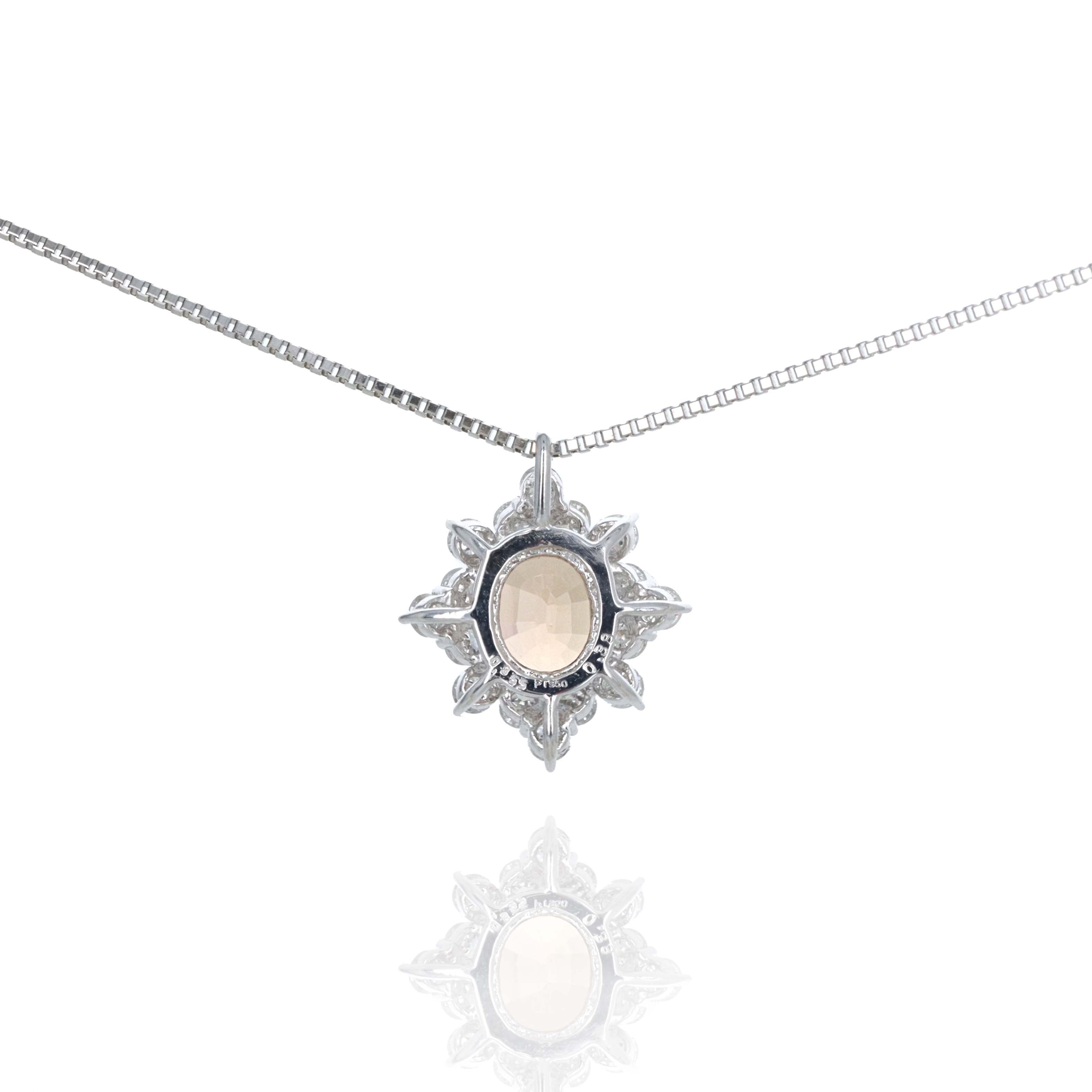 Platinum 0.95 Carat Oval Padparadscha Sapphire Diamond Halo Pendant Necklace - Queen May