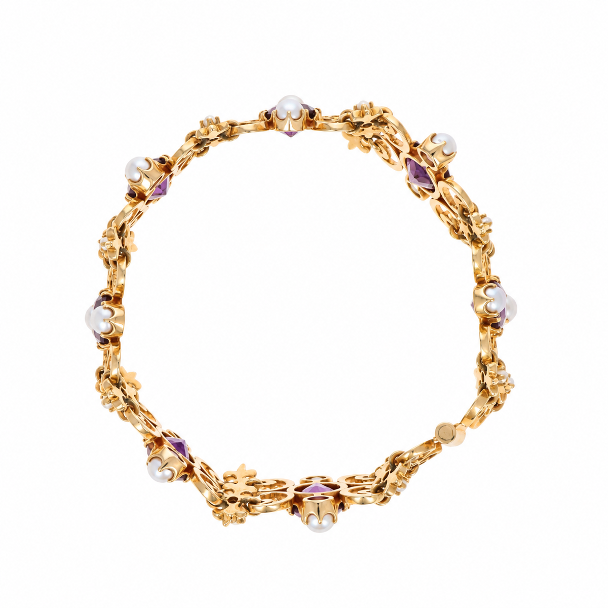 Victorian 14K Yellow Gold Amethyst & Pearl Bracelet - Queen May