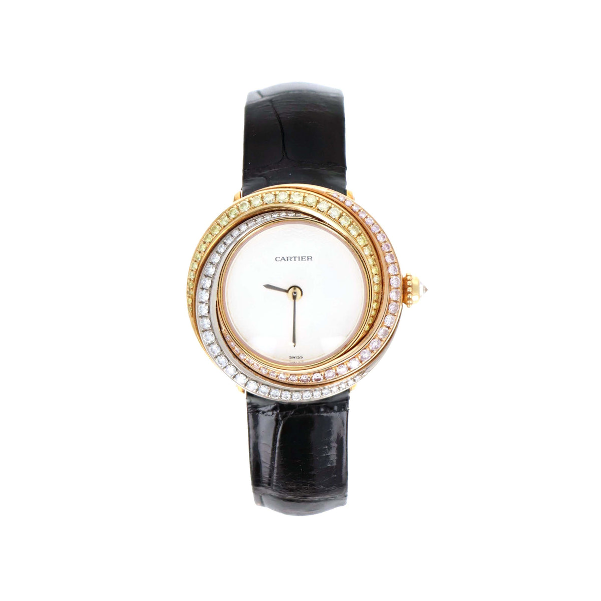 Cartier Trinity Tri Color 18K Gold Diamond Set 27MM Quartz Movement Leather Strap Watch Ref. WG200541